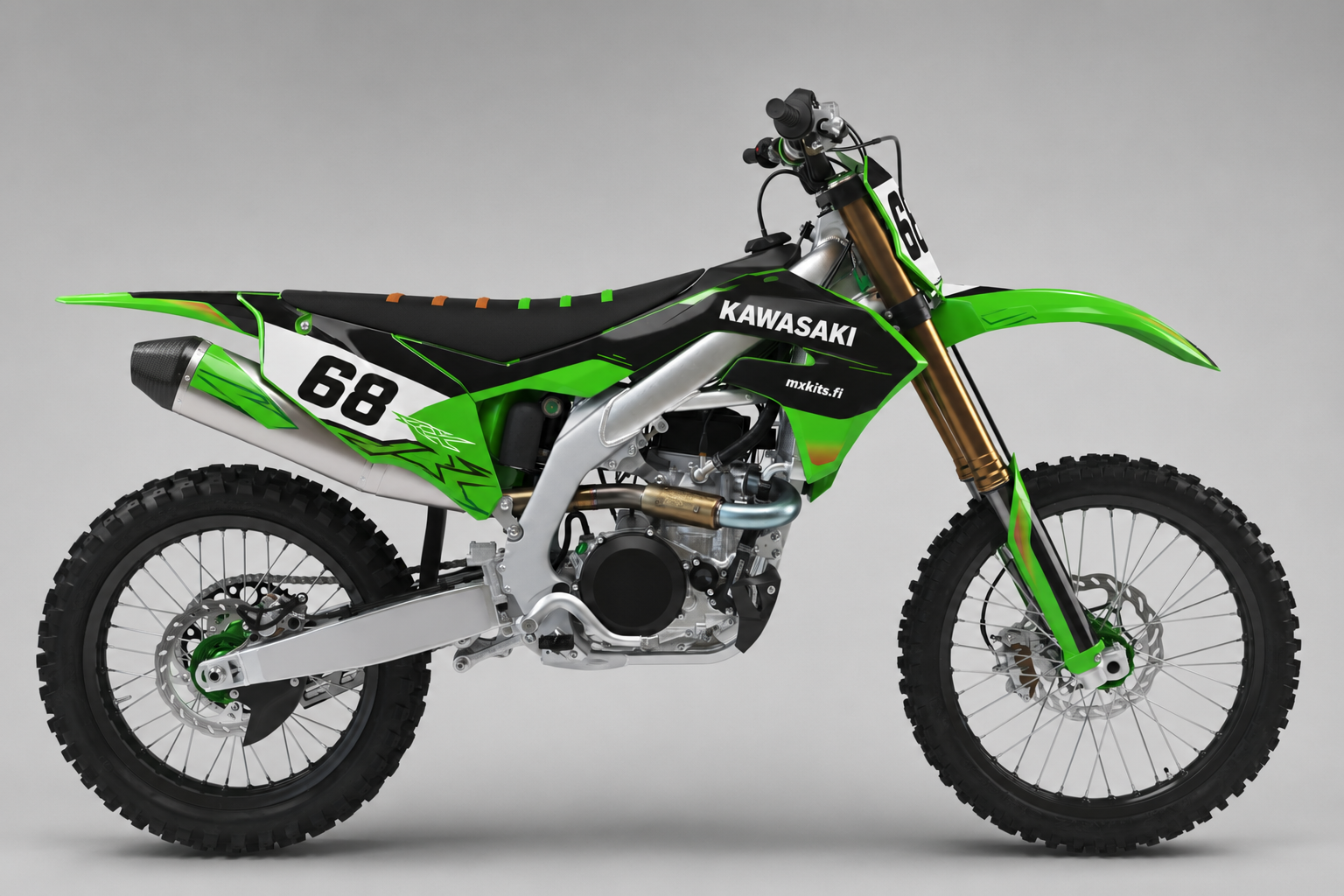Kawasaki Limeisku musta ja limevihreä sponsoriton motocross-tarrasarja numerolla 68