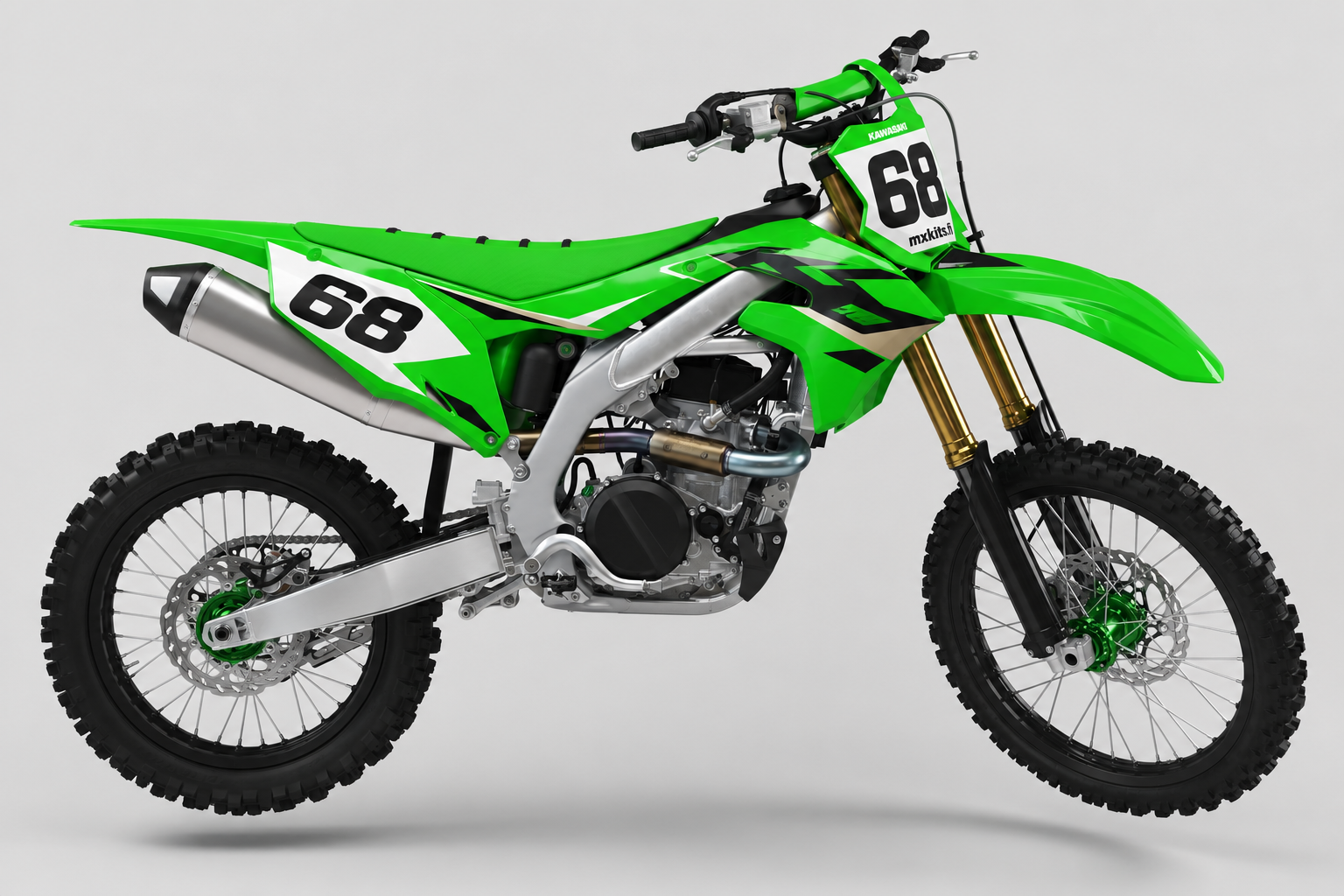 Kawasaki Limekallio motocross-tarrasarja, Kawasaki-lime, syvä musta, puhdas valkoinen ja kevyt harmaa, numero 68