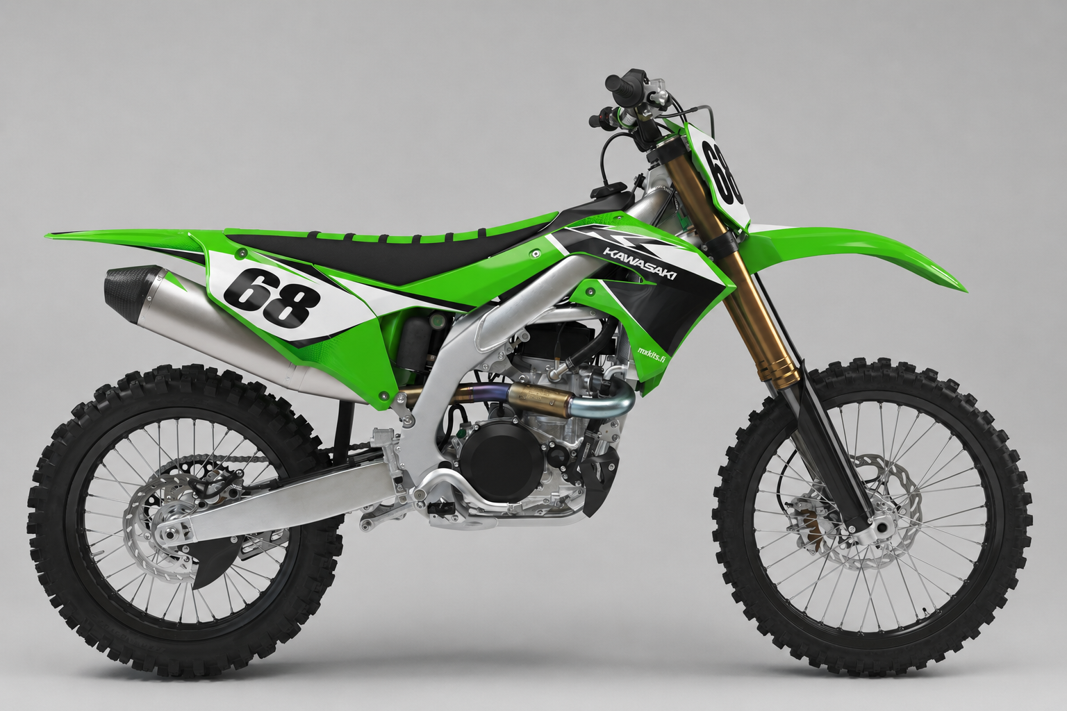 Kawasaki Limekilpi limevihreä valkoinen ja musta motocross-tarrasarja numerolla 68