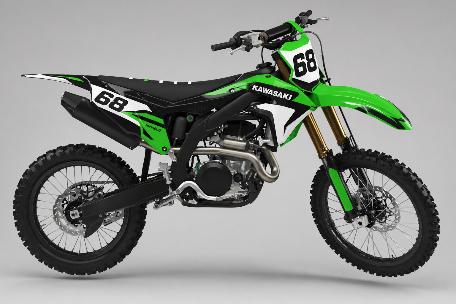 Kawasaki Limekipinä Kawasaki-lime, musta, valkoinen, harmaa motocross-tarrasarja numerolla 68