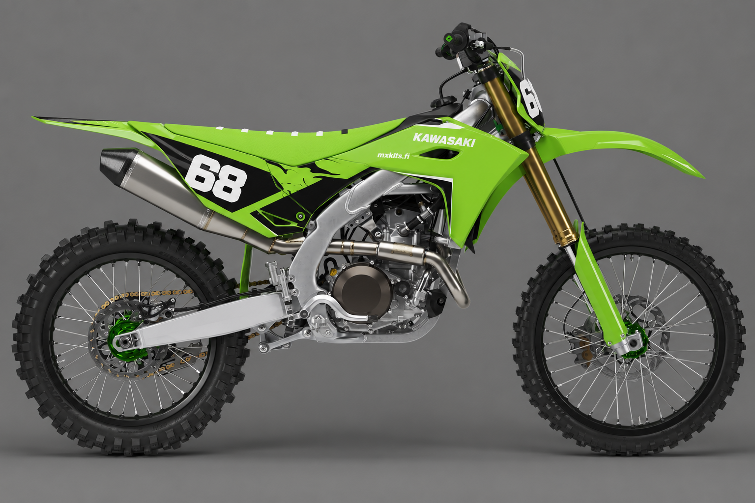 Kawasaki Limemurska kirkkaanvihreä personoitava motocross-tarrasarja numerolla 68 ja mxkits.fi-merkinnällä