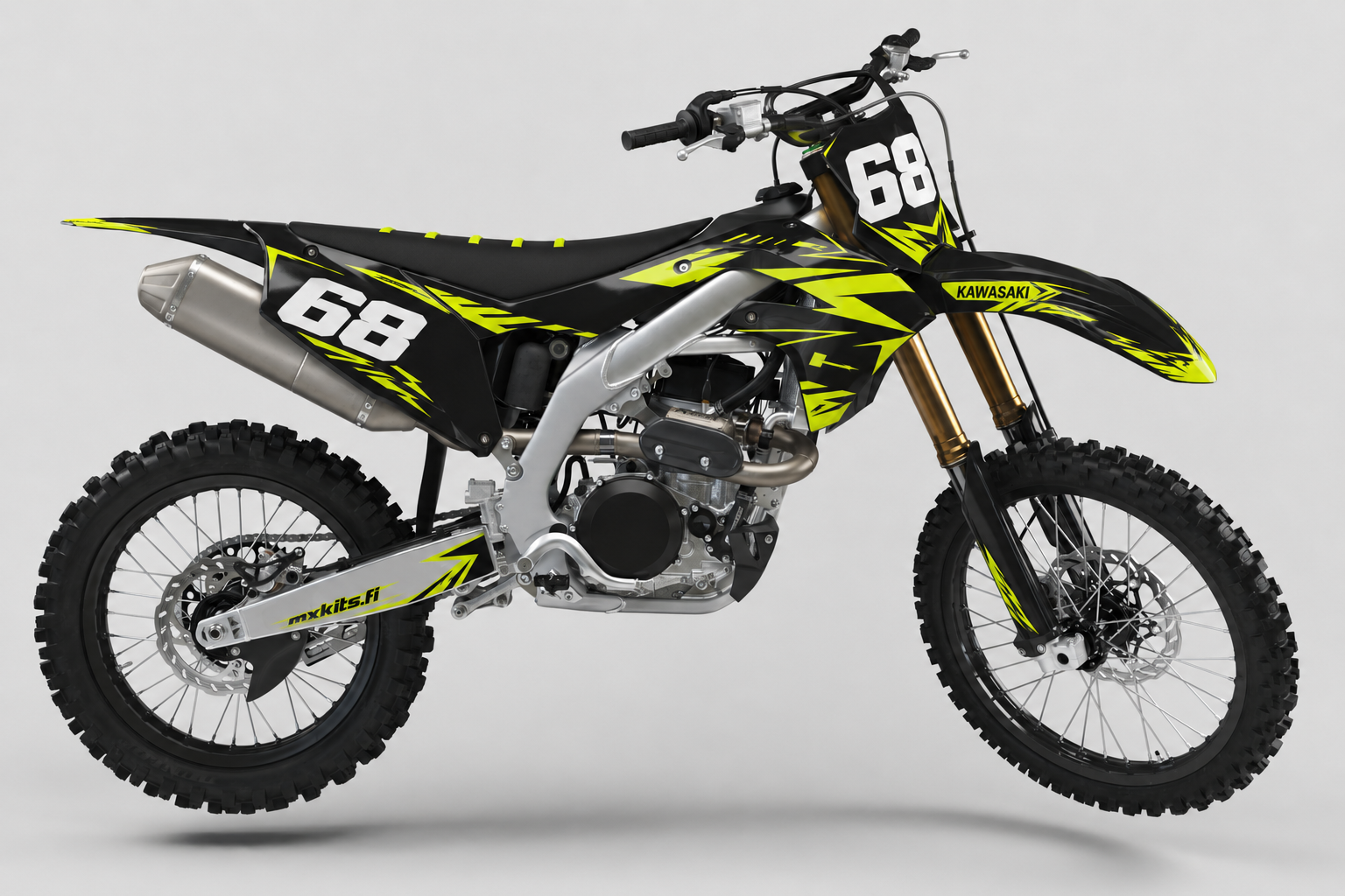 Kawasaki Limeneon motocross-tarrasarja, Kawasaki-lime, syvä musta, puhdas valkoinen ja kevyt harmaa, numero 68
