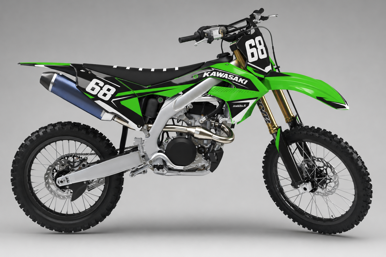 Kawasaki Limesegmentti limevihreä musta ja valkoinen motocross-tarrasarja numerolla 68