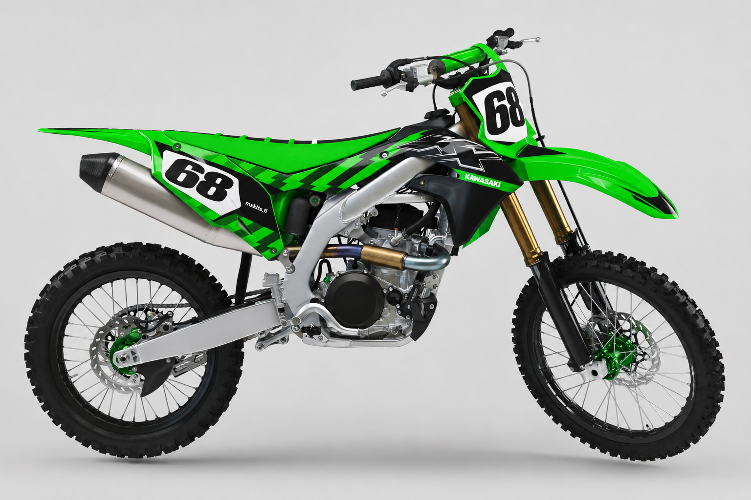 Kawasaki Limeukkonen limevihreä musta ja valkoinen motocross-tarrasarja numerolla 68