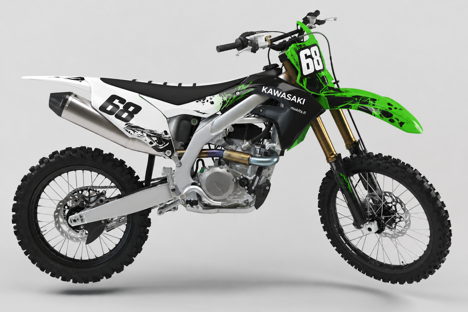 Kawasaki Limevirta motocross-tarrasarja limenvihreän, valkoisen ja mustan grafiikan sekä numeron 68 kanssa