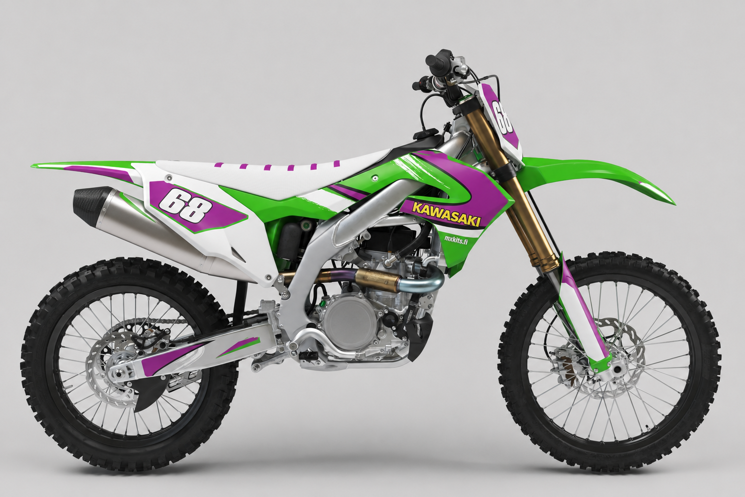 Kawasaki Magentavirta limevihreä valkoinen ja magenta motocross-tarrasarja numerolla 68