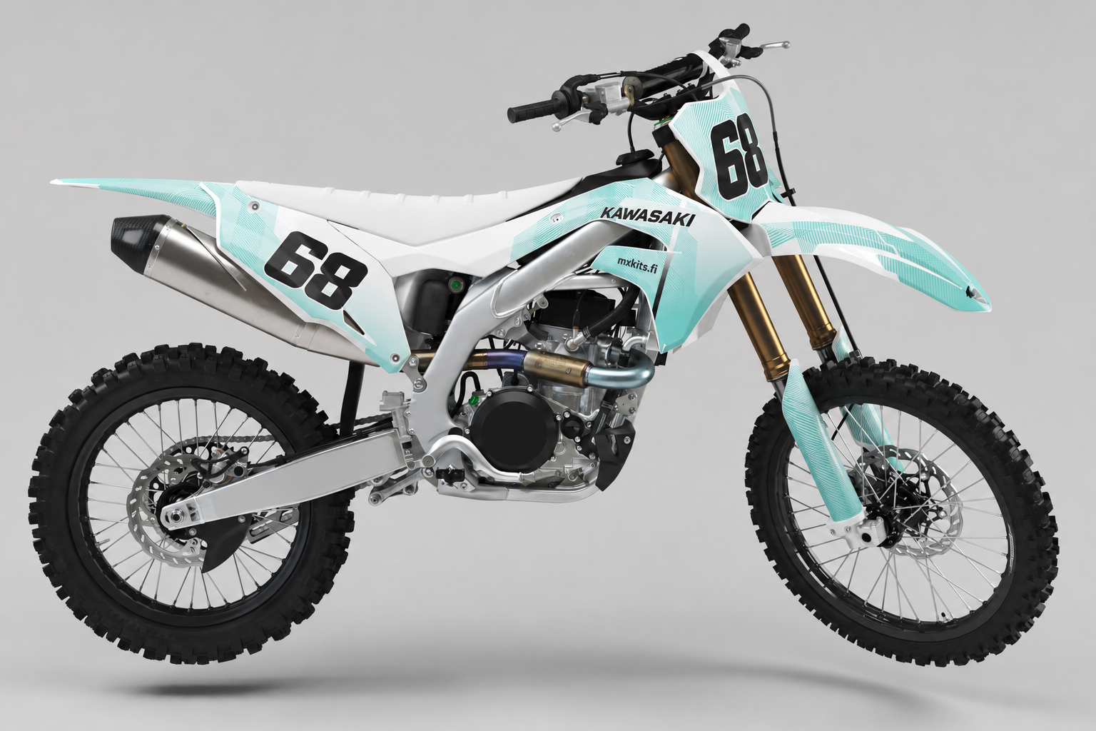 Kawasaki Minttihuurre vaalea minttu ja valkoinen motocross-tarrasarja numerolla 68