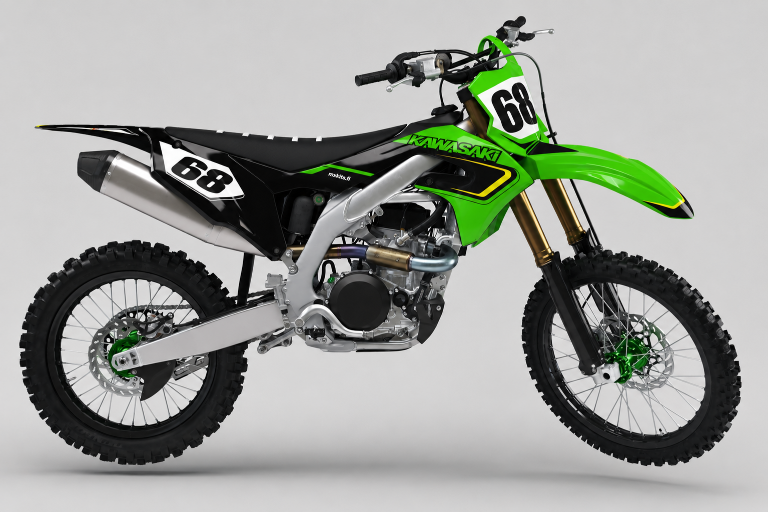 Kawasaki Mustahehku musta, Kawasaki-lime, valkoinen, pieni keltainen motocross-tarrasarja numerolla 68