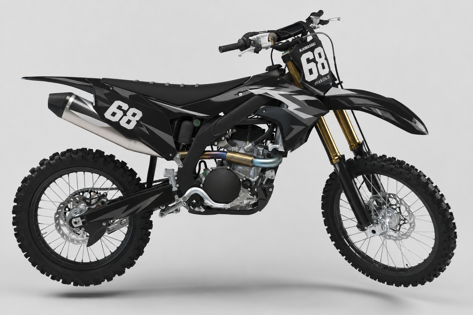 Kawasaki Mustakallio motocross-tarrasarja, syvä musta, grafiitinharmaa, Kawasaki-lime ja pieni valkoinen korostus, numero 68