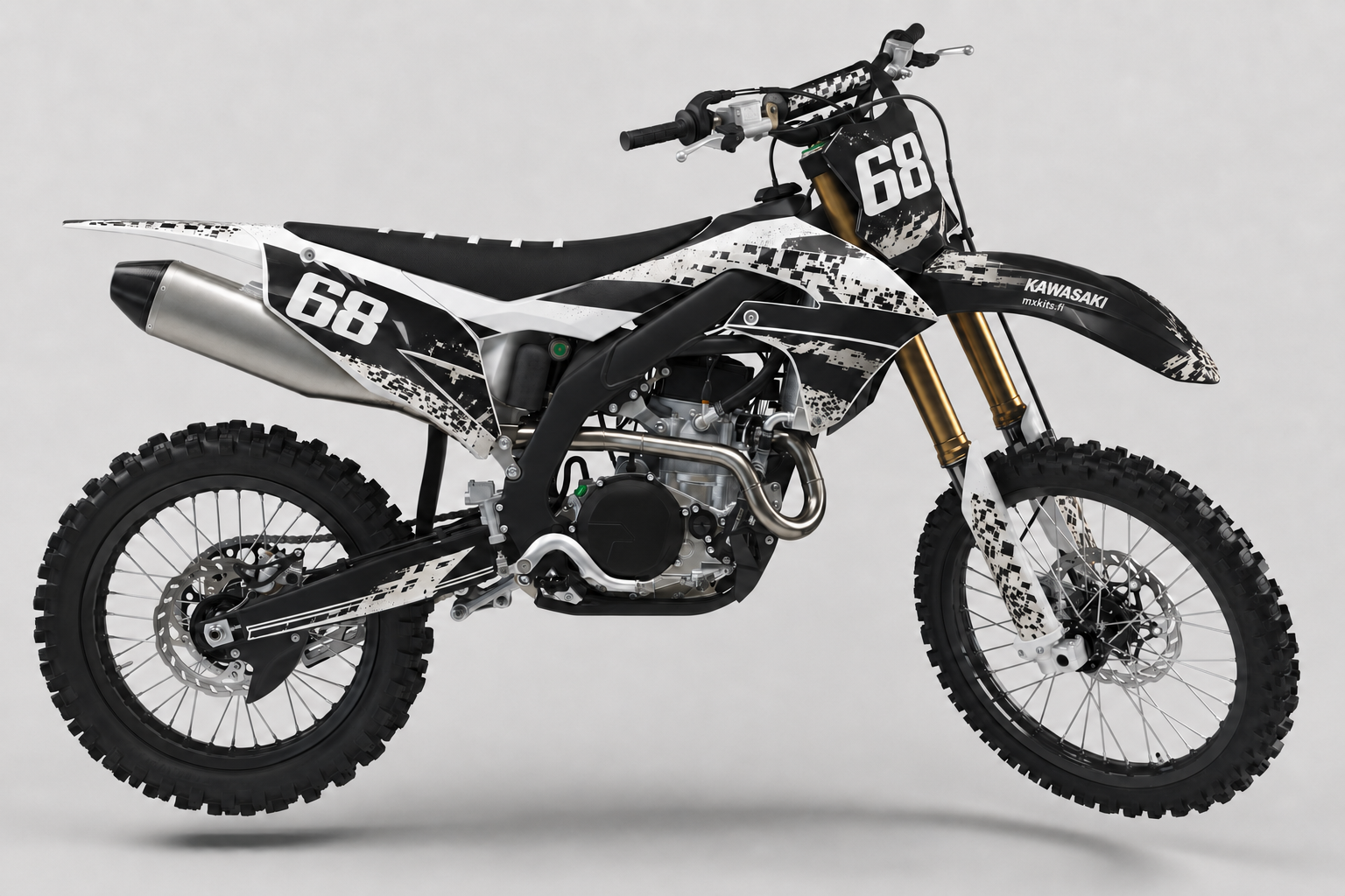 Kawasaki Mustavalkoraidi motocross-tarrasarja, Kawasaki-lime, syvä musta, puhdas valkoinen ja kevyt harmaa, numero 68