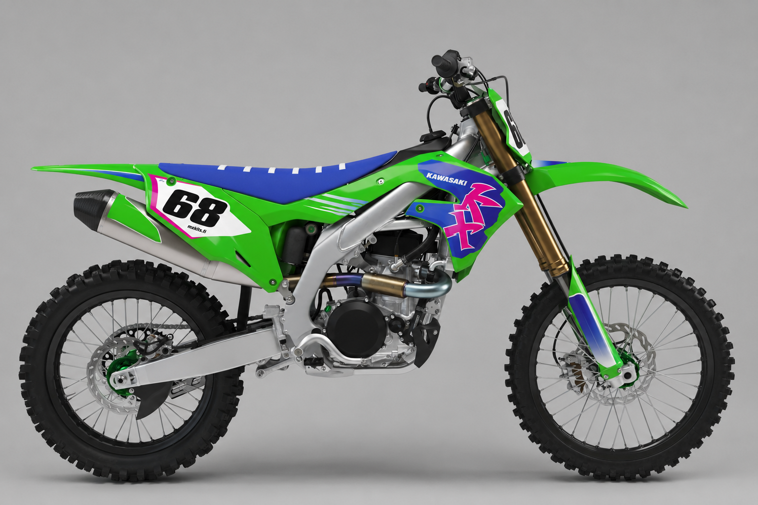 Kawasaki Neonklassikko vihreä sininen pinkki retro motocross-tarrasarja, personoitava numero 68