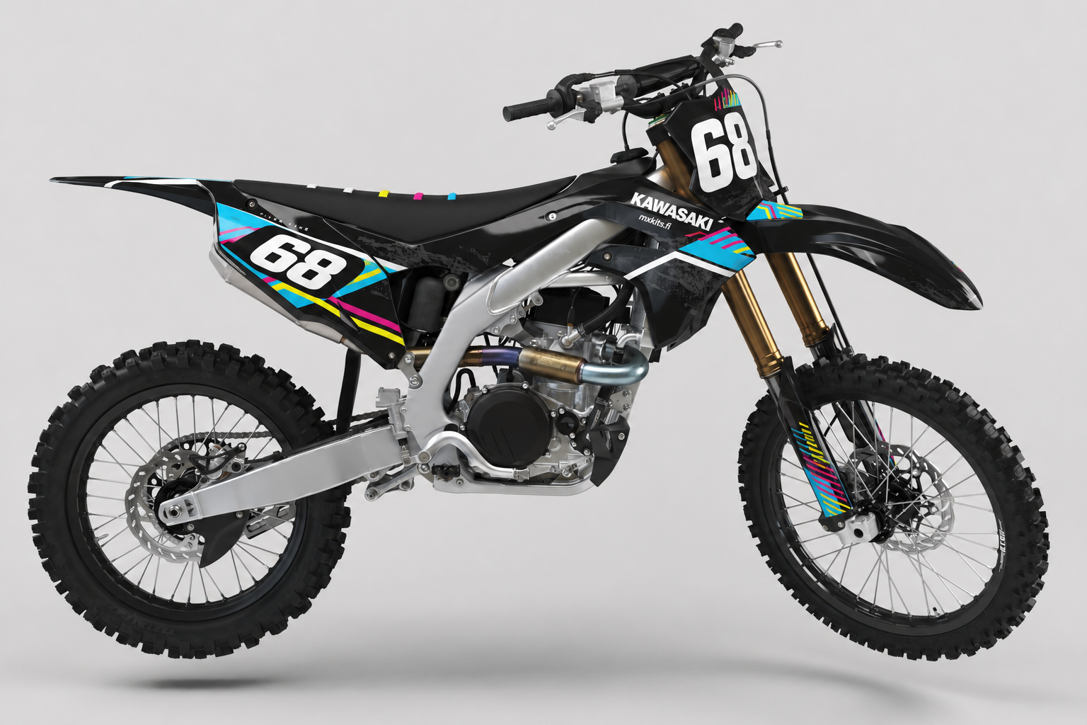 Kawasaki Neonraja musta turkoosi pinkki ja keltainen motocross-tarrasarja numerolla 68