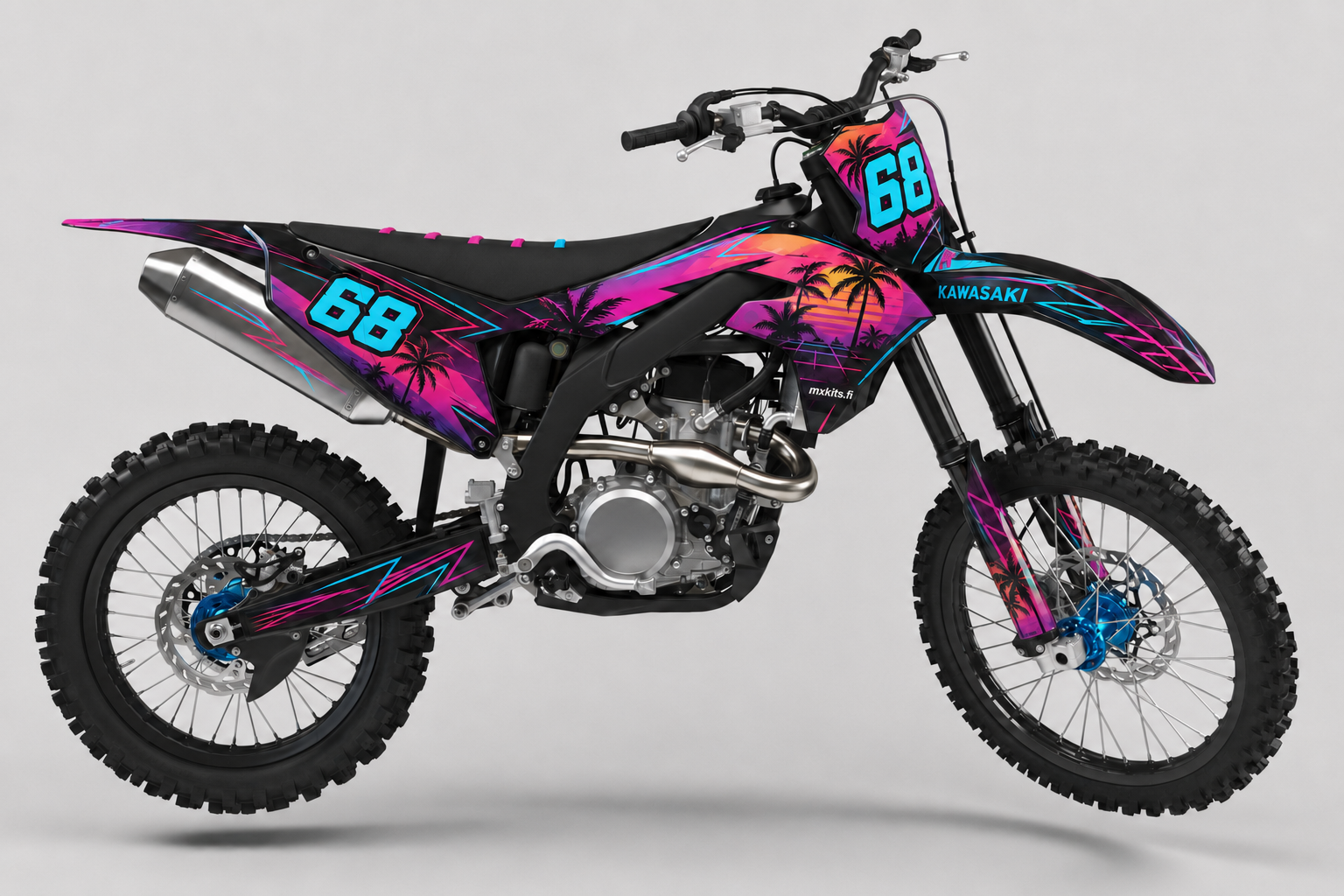 Kawasaki Neonrannikko motocross-tarrasarja pinkin, turkoosin, violetin ja mustan grafiikan sekä numeron 68 kanssa