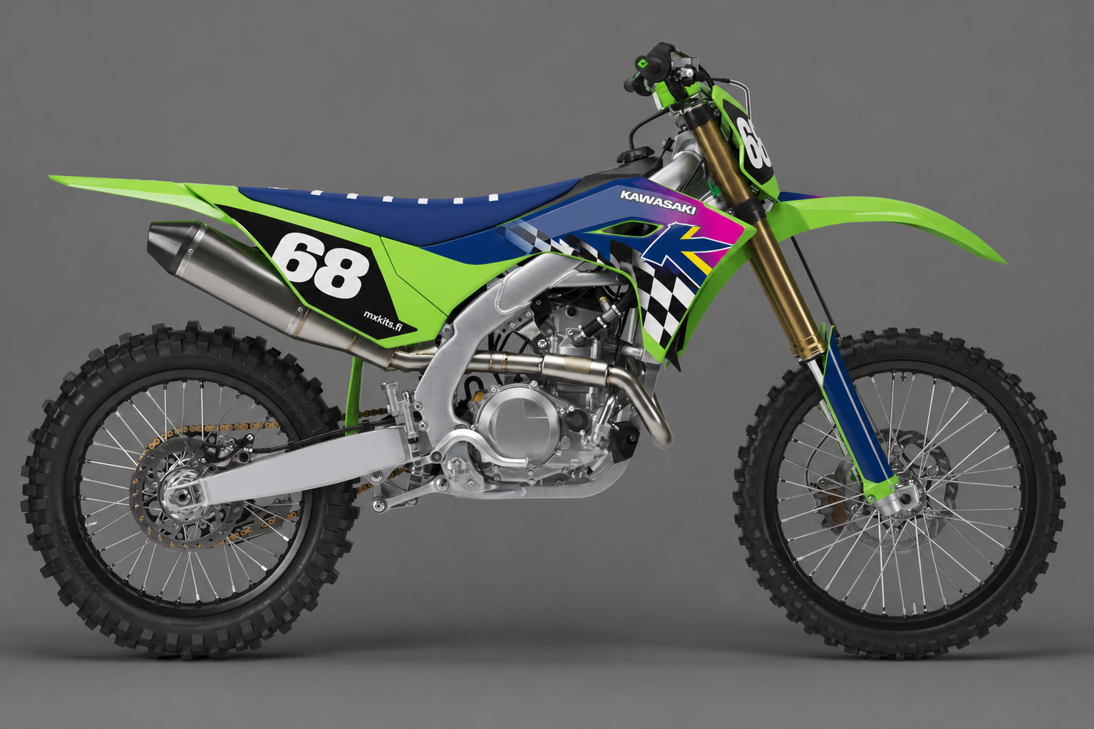 Limenvihreä, sininen ja magenta Kawasaki-motocrosspyörä sponsorittomalla Neonruutu-grafiikalla, numero 68 ja mxkits.fi.