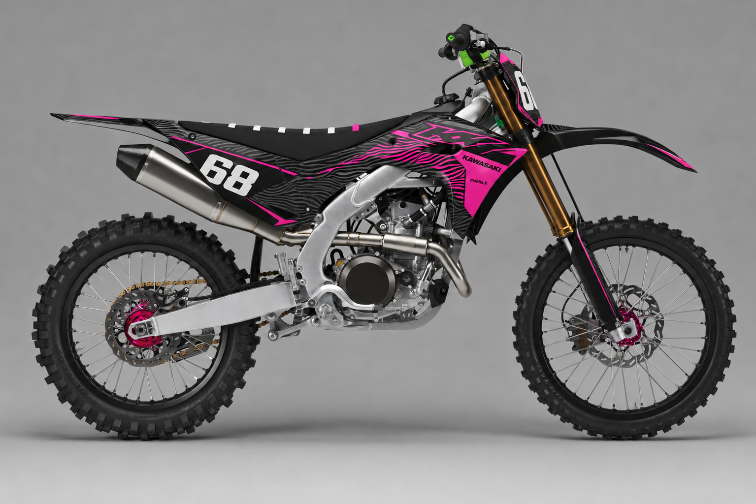Kawasaki Neonseepra musta pinkki personoitava motocross-tarrasarja numerolla 68