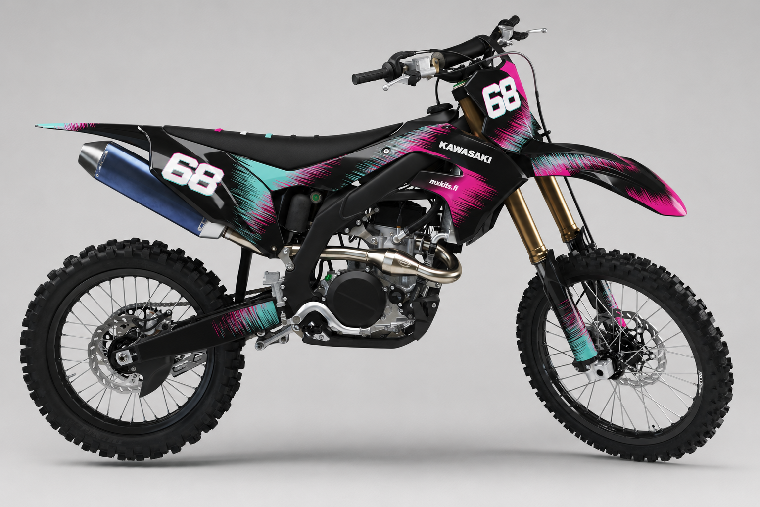 Kawasaki Pinkkihyper musta, hot pink, turkoosi, valkoinen motocross-tarrasarja numerolla 68
