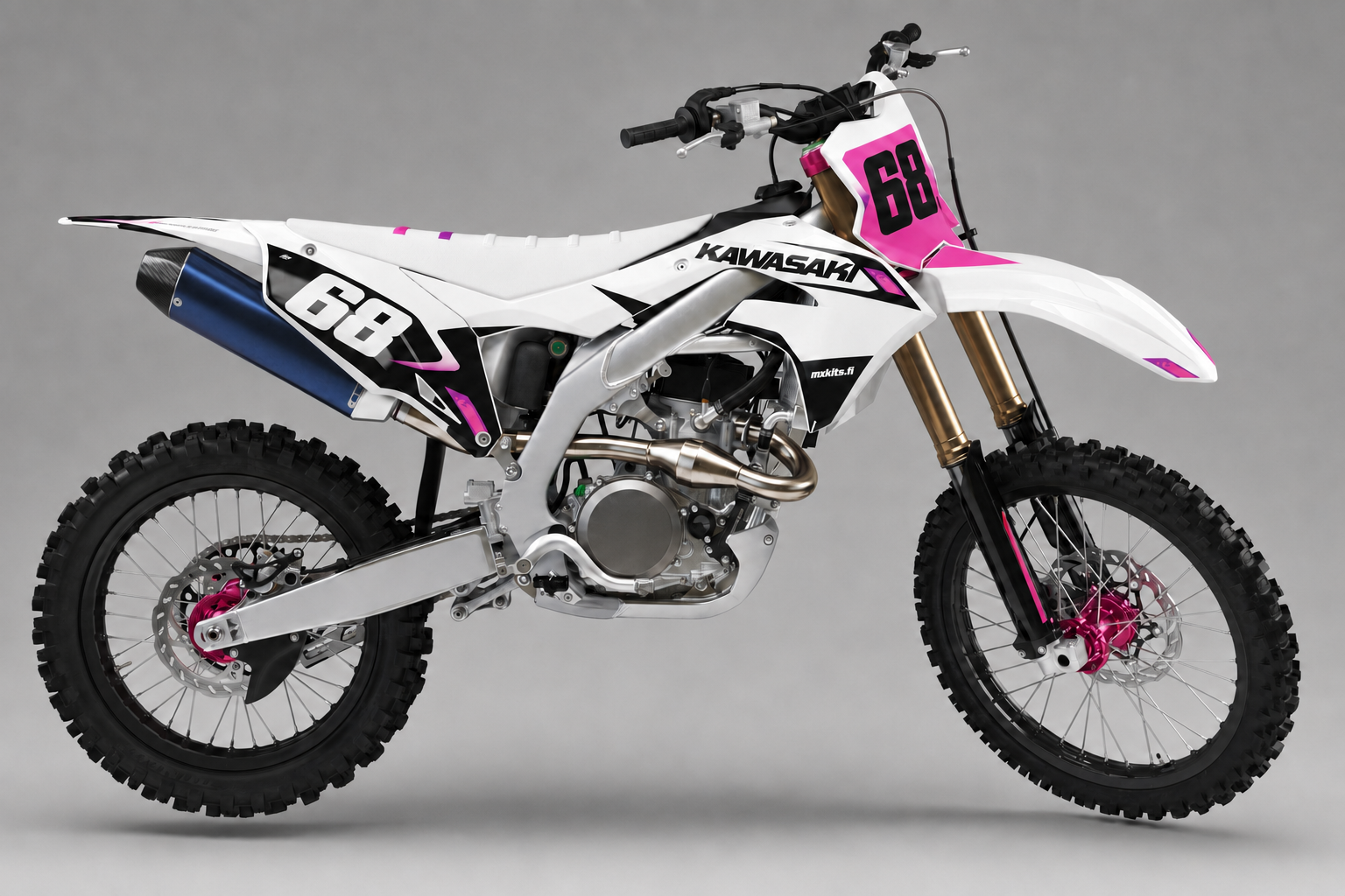 Kawasaki Pinkkikilpi valkoinen musta ja pinkki motocross-tarrasarja numerolla 68
