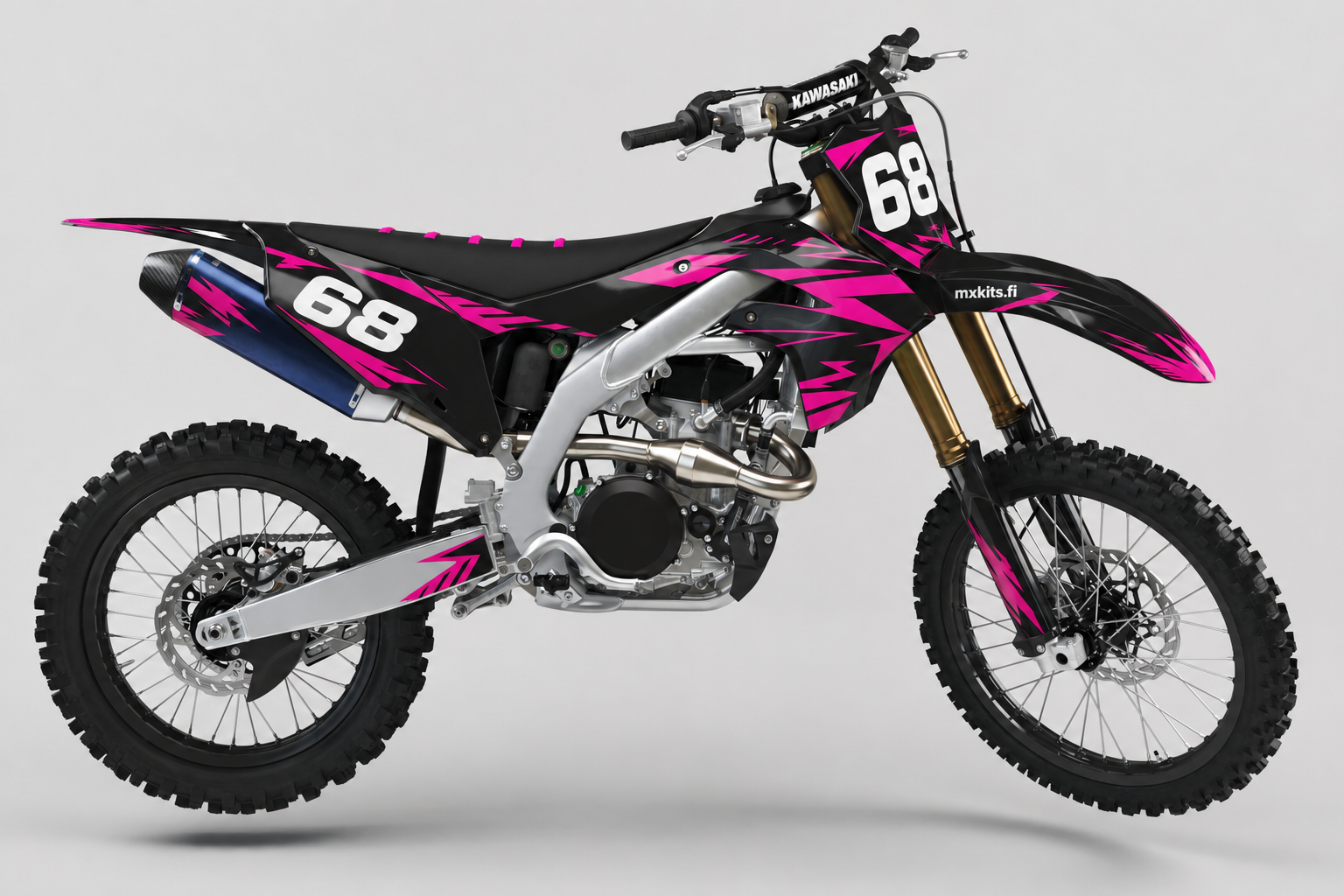Kawasaki Pinkkineon motocross-tarrasarja, pinkki, syvä musta, valkoinen ja viileä turkoosi, numero 68