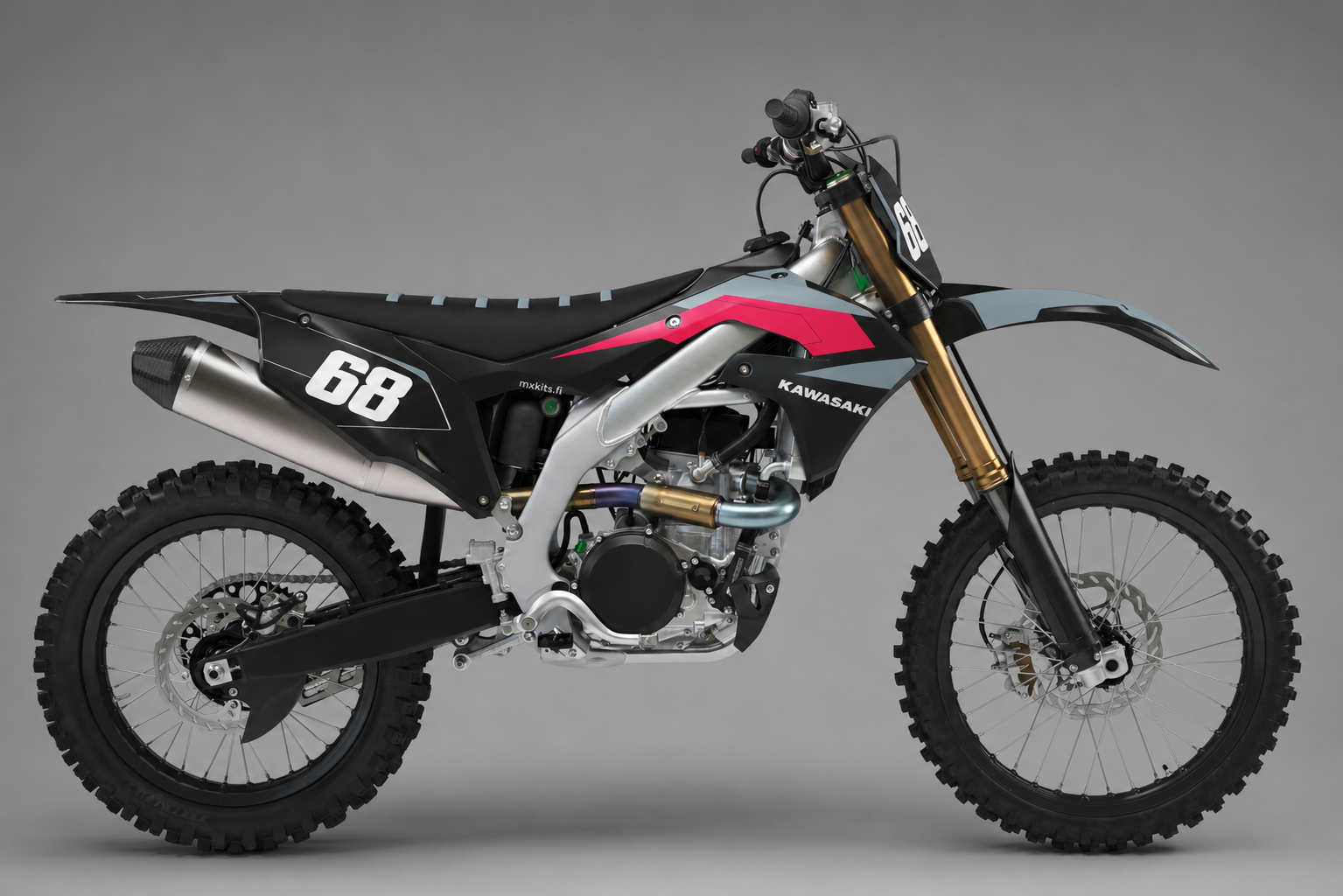 Kawasaki Pinkkivarjo musta harmaa pinkki personoitava motocross-tarrasarja numerolla 68