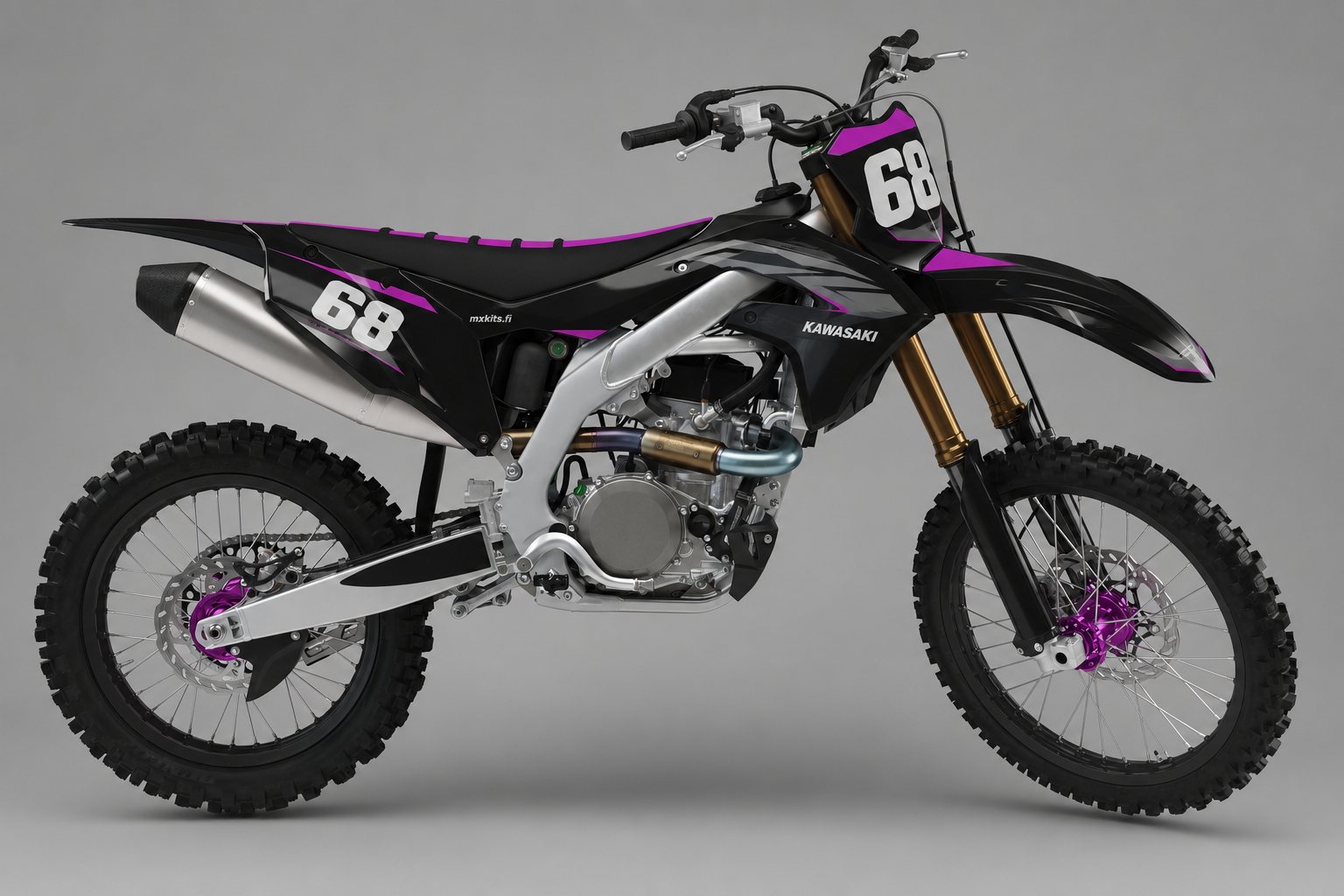 Kawasaki Purppurakajo musta harmaa ja purppura motocross-tarrasarja numerolla 68