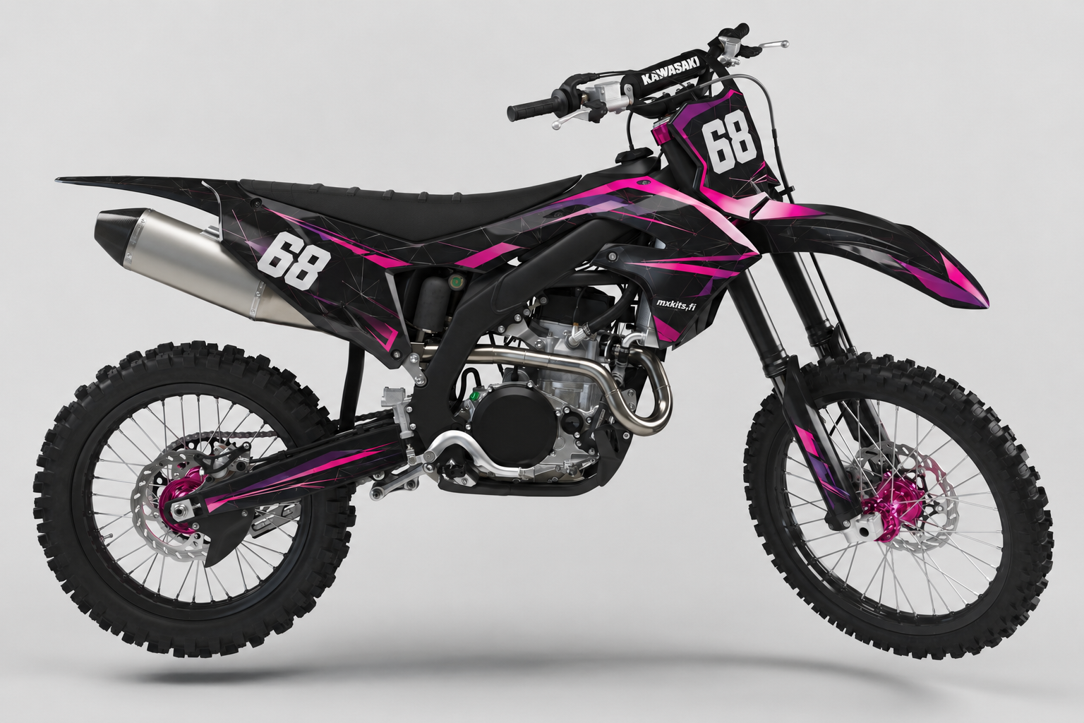 Kawasaki Purppuratuomio motocross-tarrasarja, Kawasaki-lime, syvä musta, puhdas valkoinen ja kevyt harmaa, numero 68