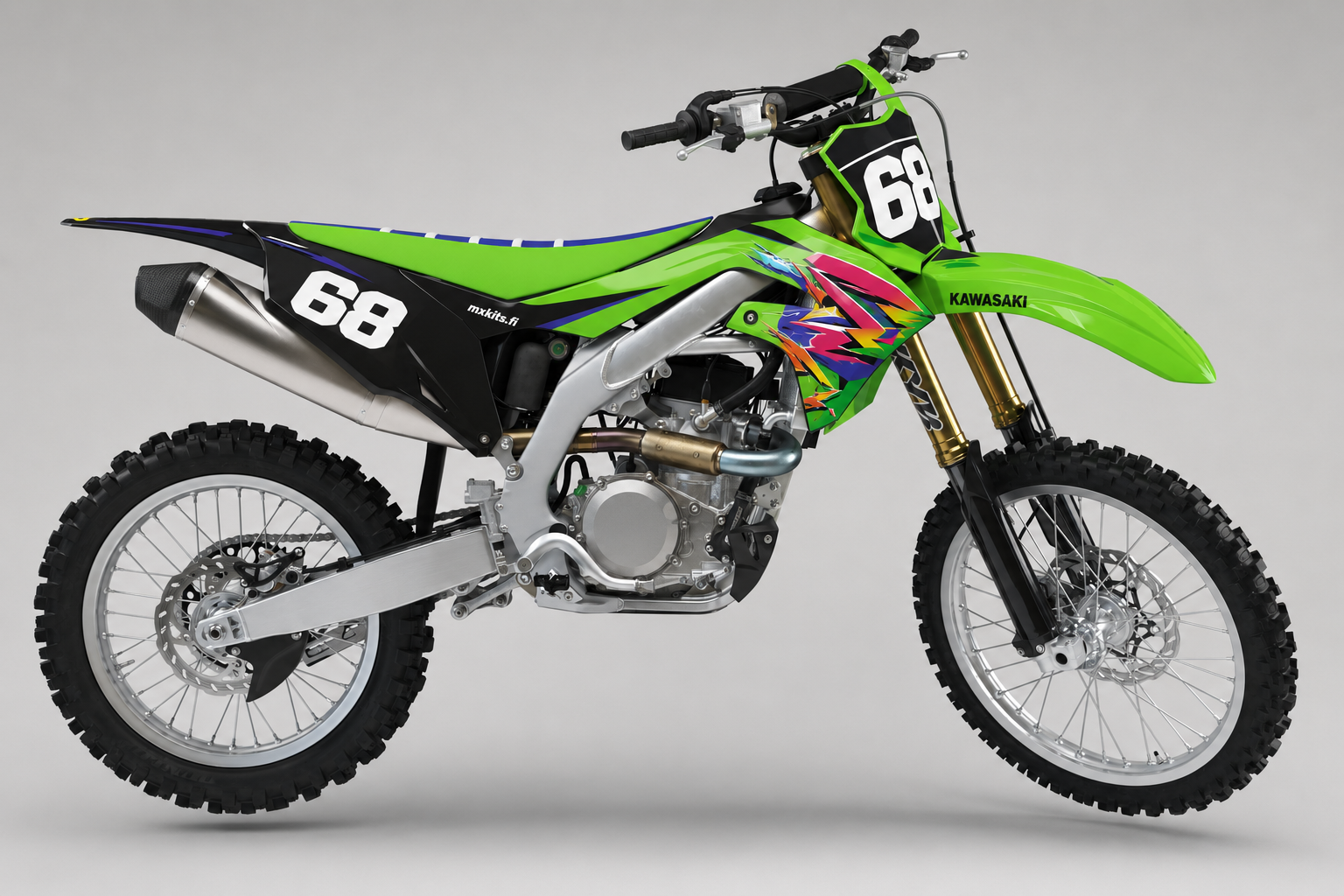 Kawasaki Retrokompassi monivärinen lime sininen ja magenta motocross-tarrasarja numerolla 68
