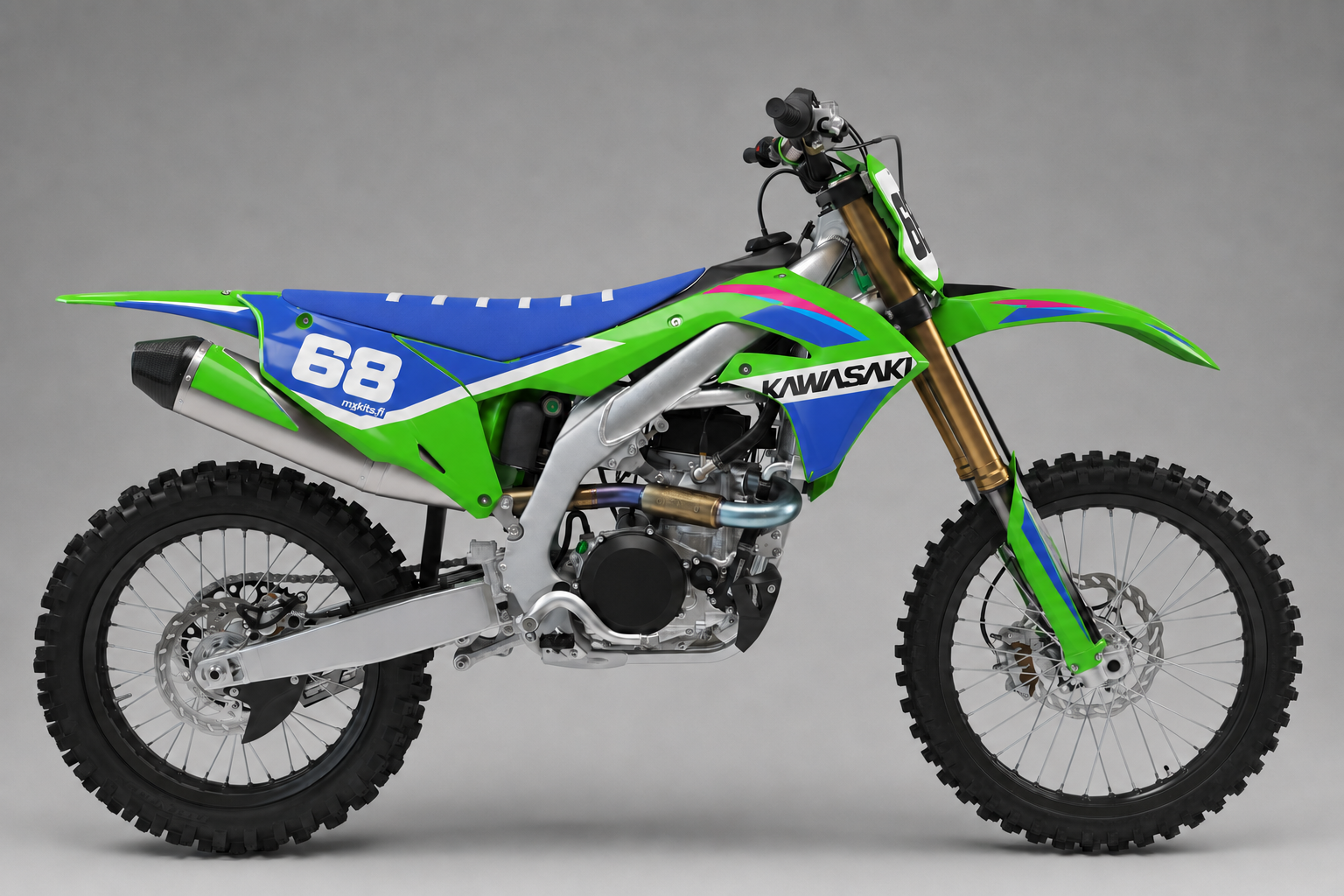Kawasaki Retropulssi vihreä sininen ja pinkki personoitava motocross-tarrasarja numerolla 68