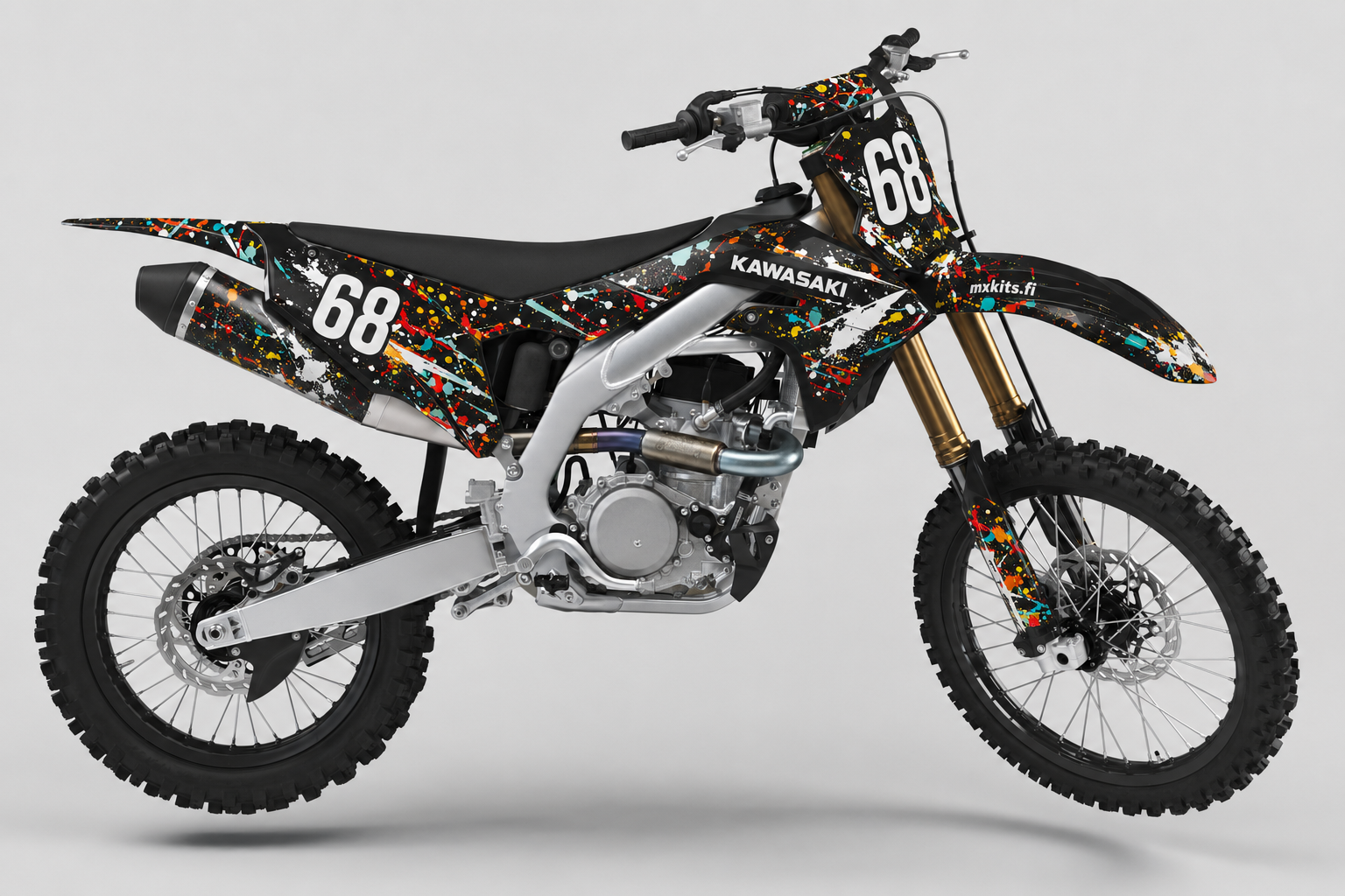 Kawasaki Roiskejälki motocross-tarrasarja, Kawasaki-lime, syvä musta, puhdas valkoinen ja kevyt harmaa, numero 68