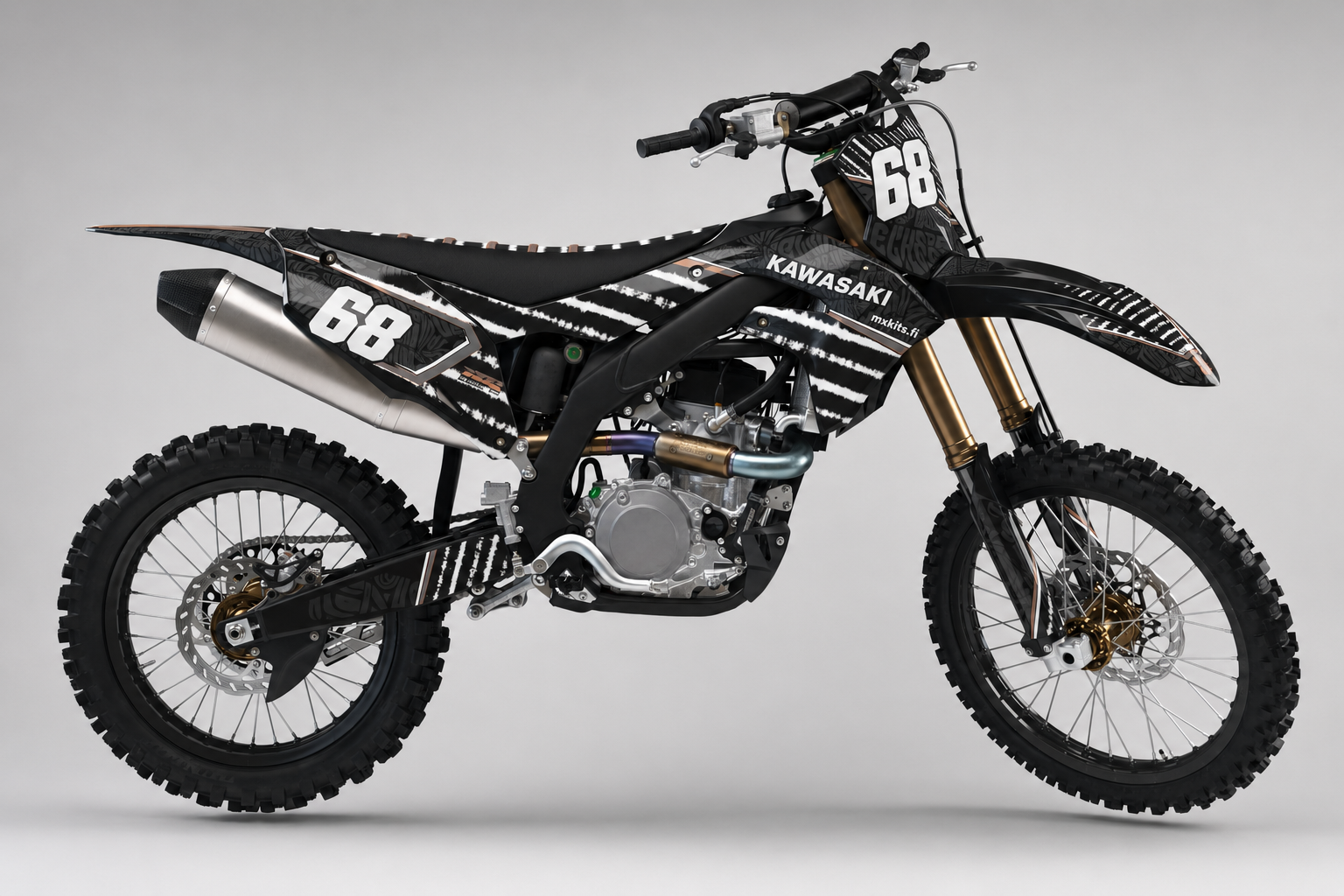 Kawasaki Savuviivat hiilenmusta, valkoinen, savunharmaa, hillitty kupari motocross-tarrasarja numerolla 68
