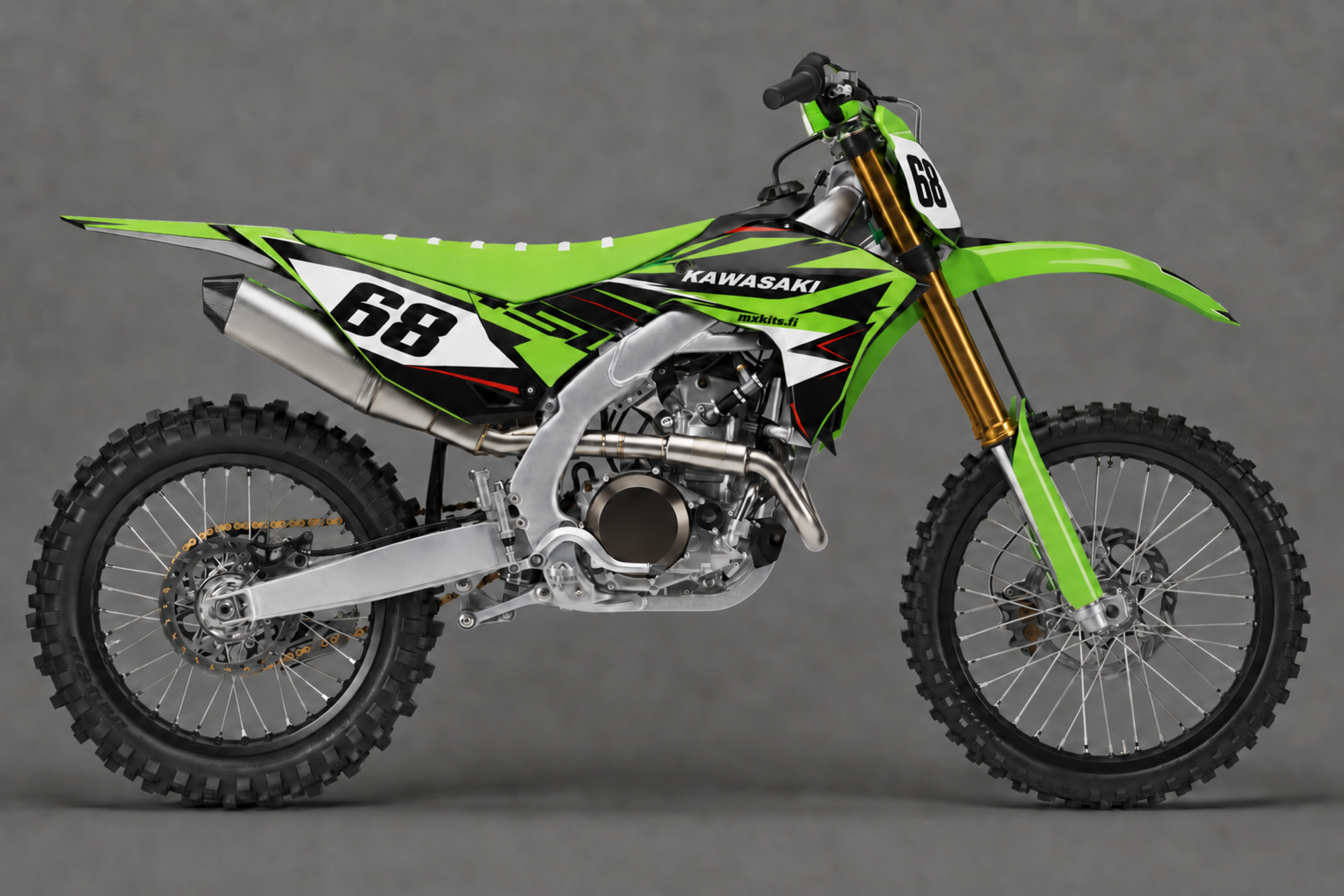 Vihreä, musta ja valkoinen Kawasaki-motocrosspyörä terävällä Shuriken-grafiikalla, numero 68, KAWASAKI ja mxkits.fi.