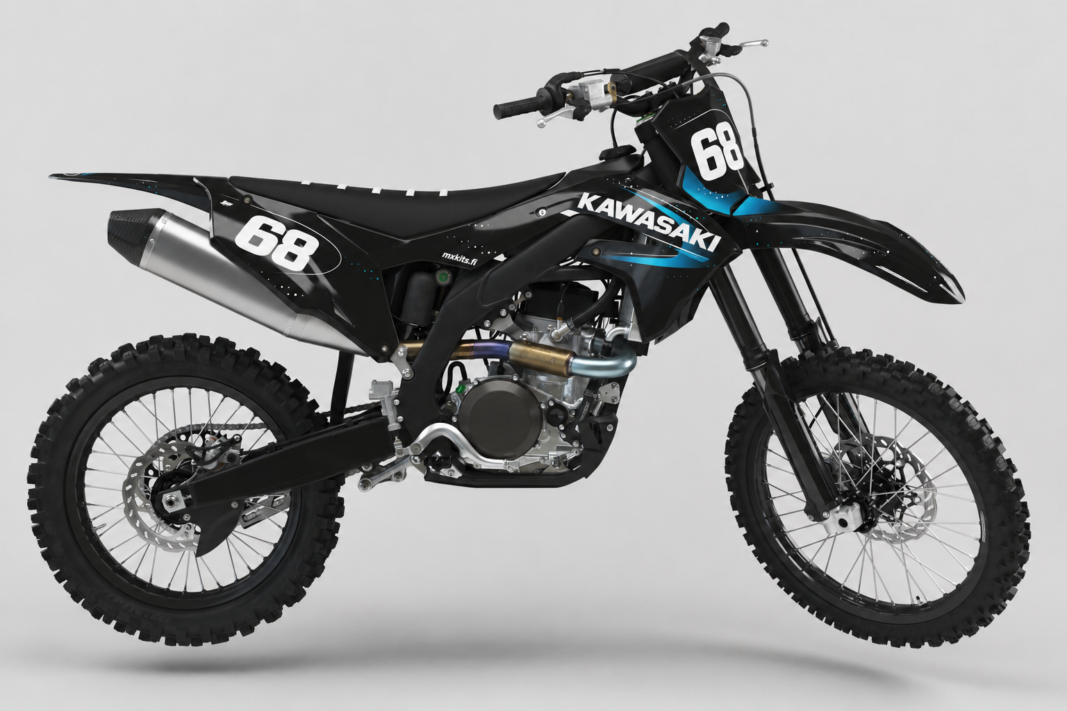 Kawasaki Siniääni musta valkoinen ja sähkönsininen motocross-tarrasarja numerolla 68