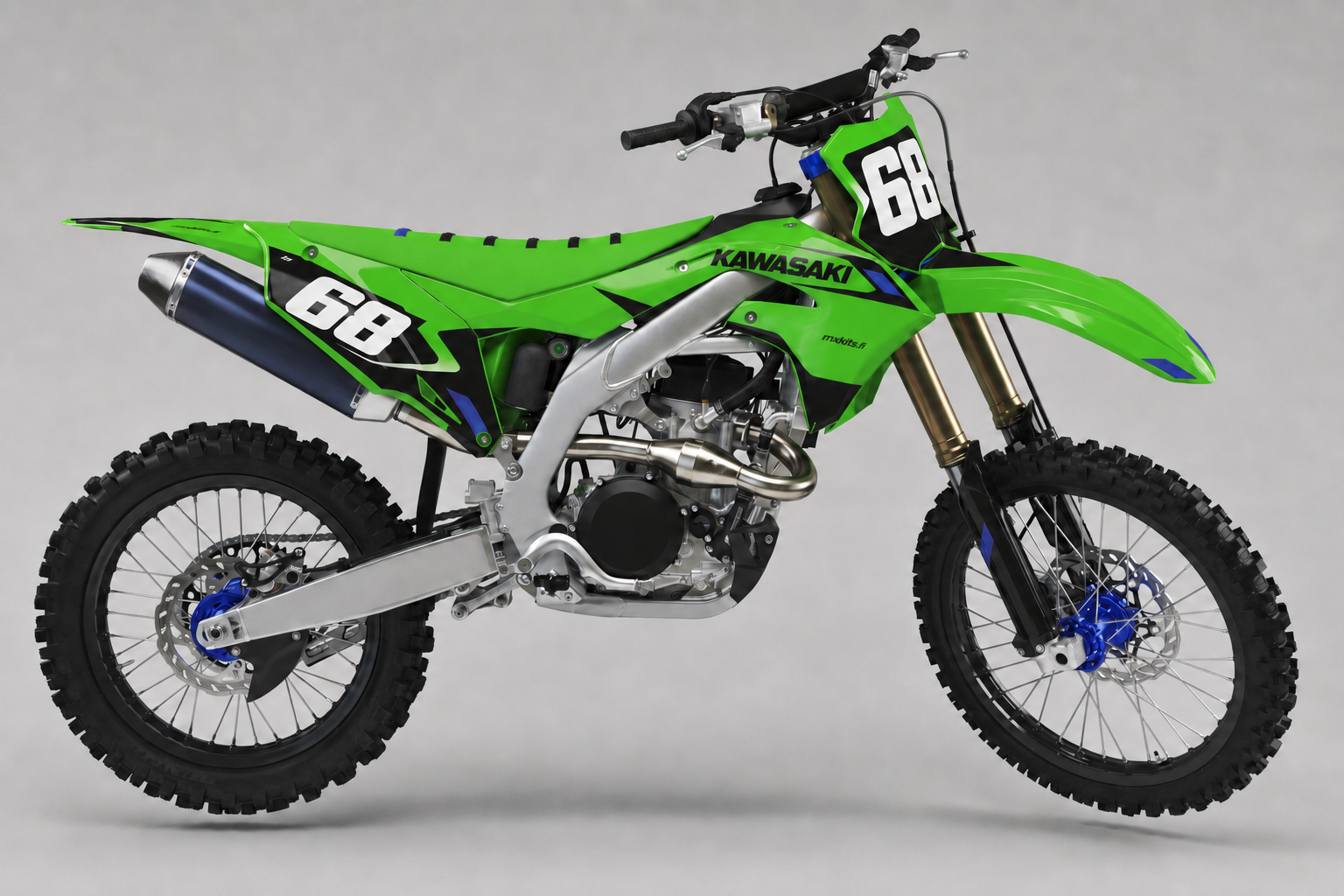 Kawasaki Sinikärki limevihreä musta ja sininen motocross-tarrasarja numerolla 68