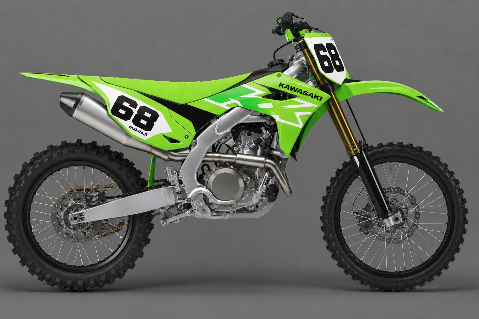 Kirkkaanvihreä, valkoinen ja musta Kawasaki-motocrosspyörä Submerge-grafiikalla, numero 68, KAWASAKI ja mxkits.fi.