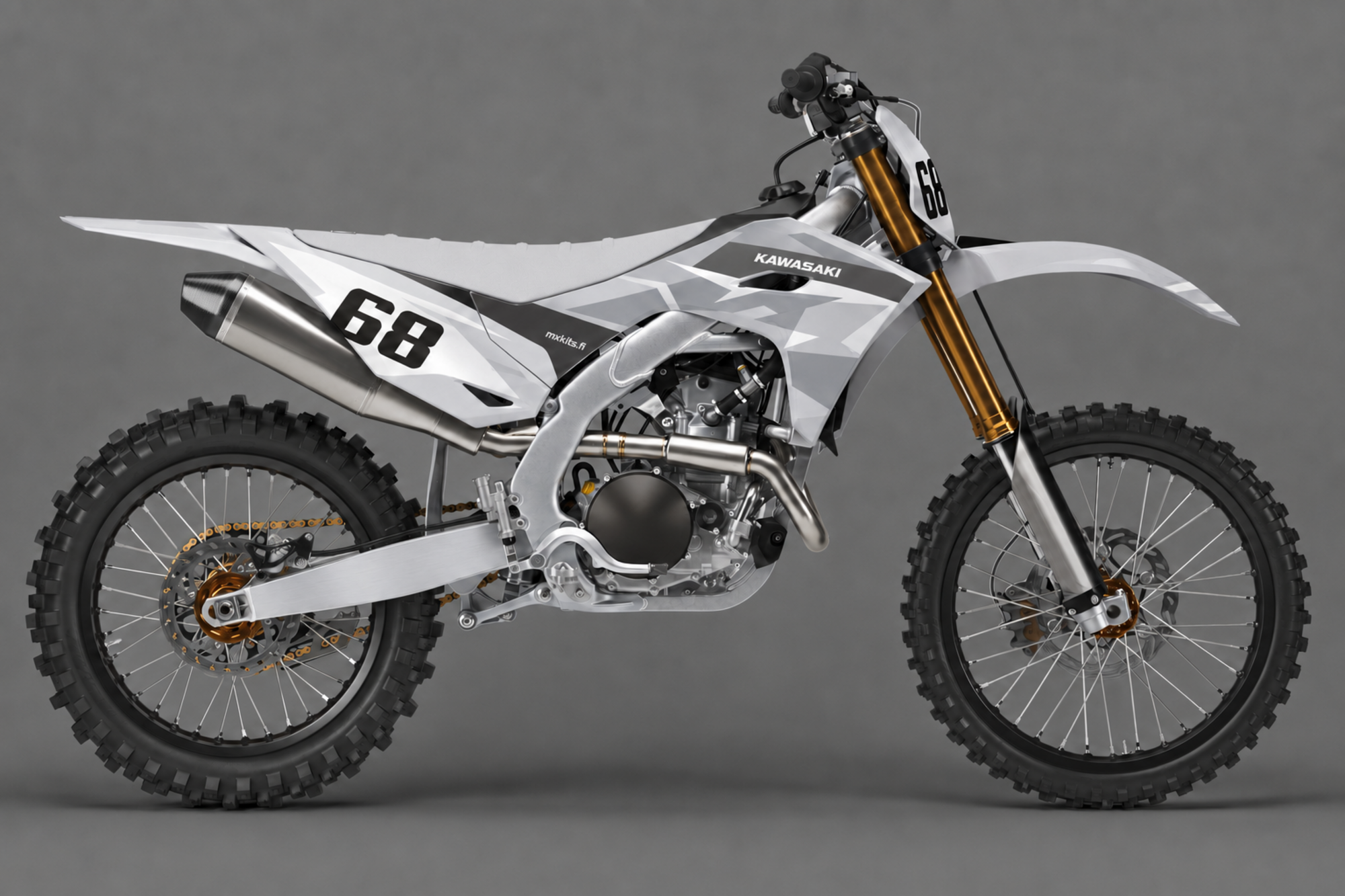 Valkoinen, harmaa ja musta Kawasaki-motocrosspyörä Submerge Grey -grafiikalla, numero 68, KAWASAKI ja mxkits.fi.