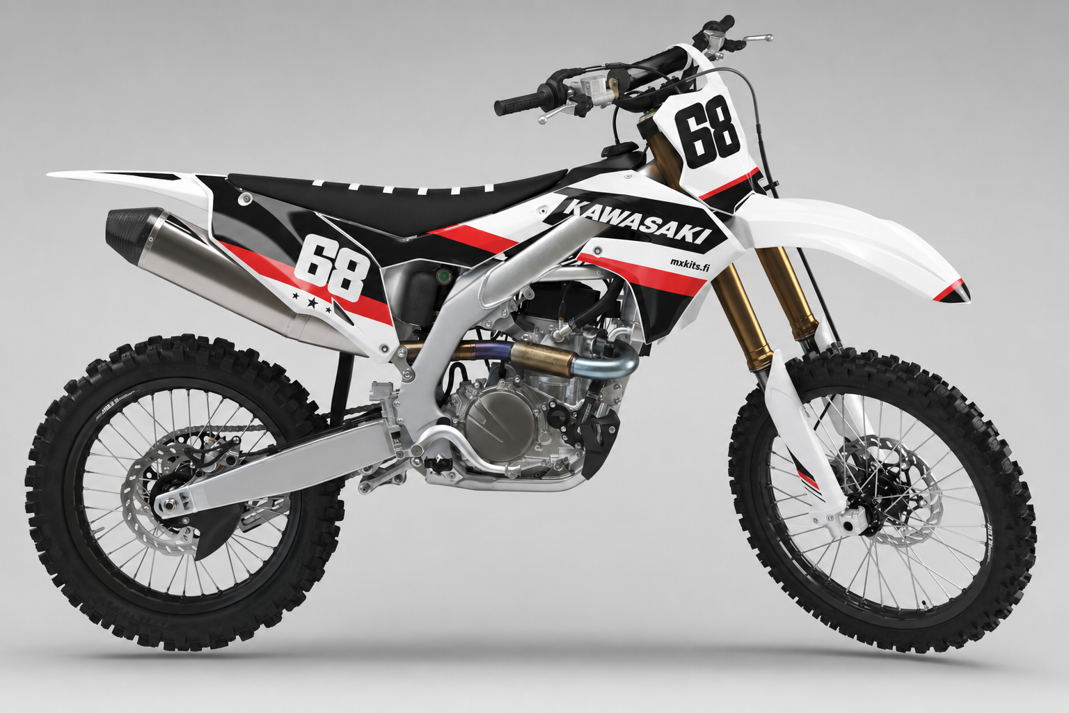 Kawasaki Tähtiraita valkoinen musta ja punainen motocross-tarrasarja numerolla 68