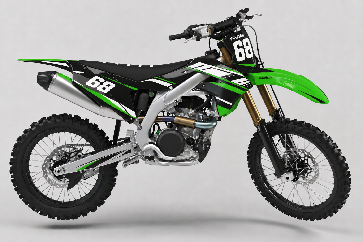 Kawasaki Taistelulime motocross-tarrasarja, Kawasaki-lime, syvä musta, puhdas valkoinen ja kevyt harmaa, numero 68