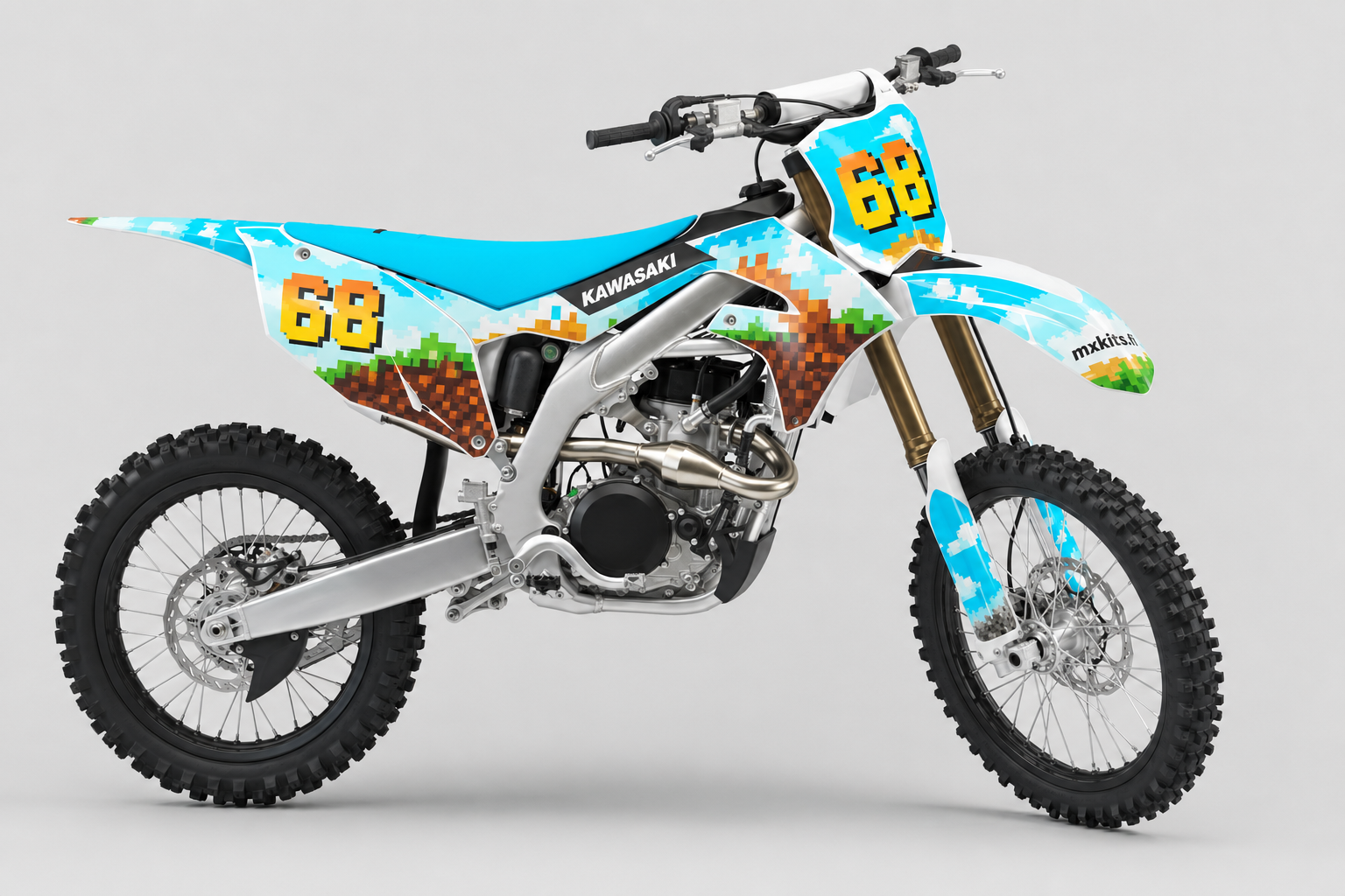 Kawasaki Taivaspikseli motocross-tarrasarja, moniväriset kirkkaat aksentit, syvä musta, valkoinen ja Kawasaki-lime, numero 68
