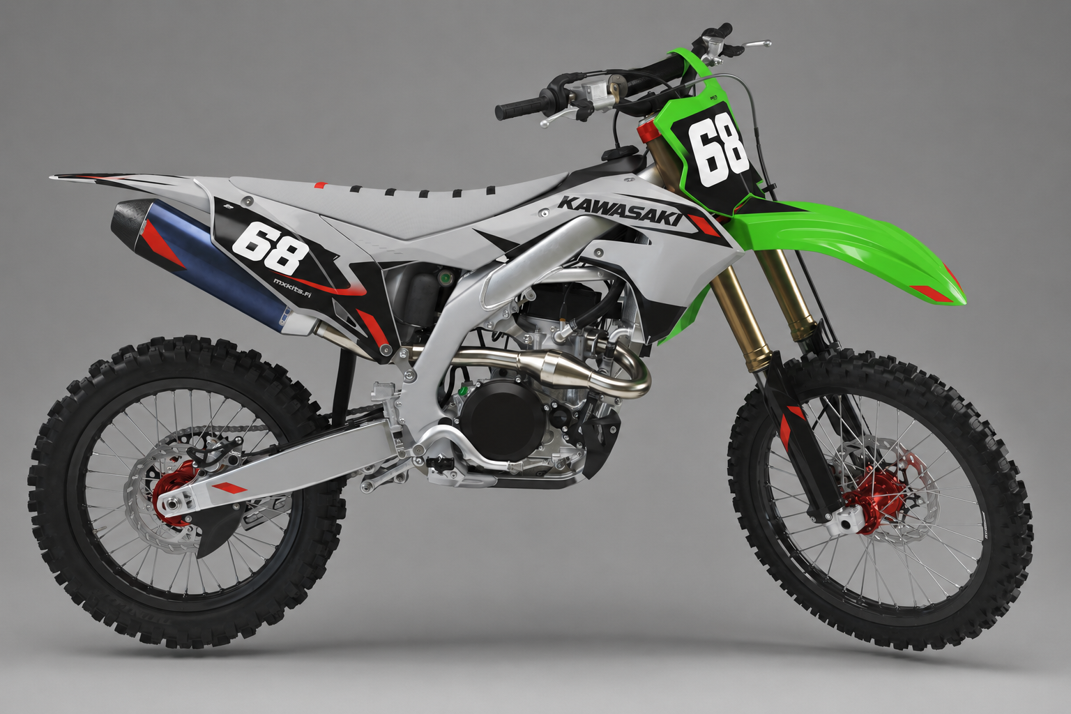 Kawasaki Teräskiila harmaa musta vihreä ja punainen motocross-tarrasarja numerolla 68