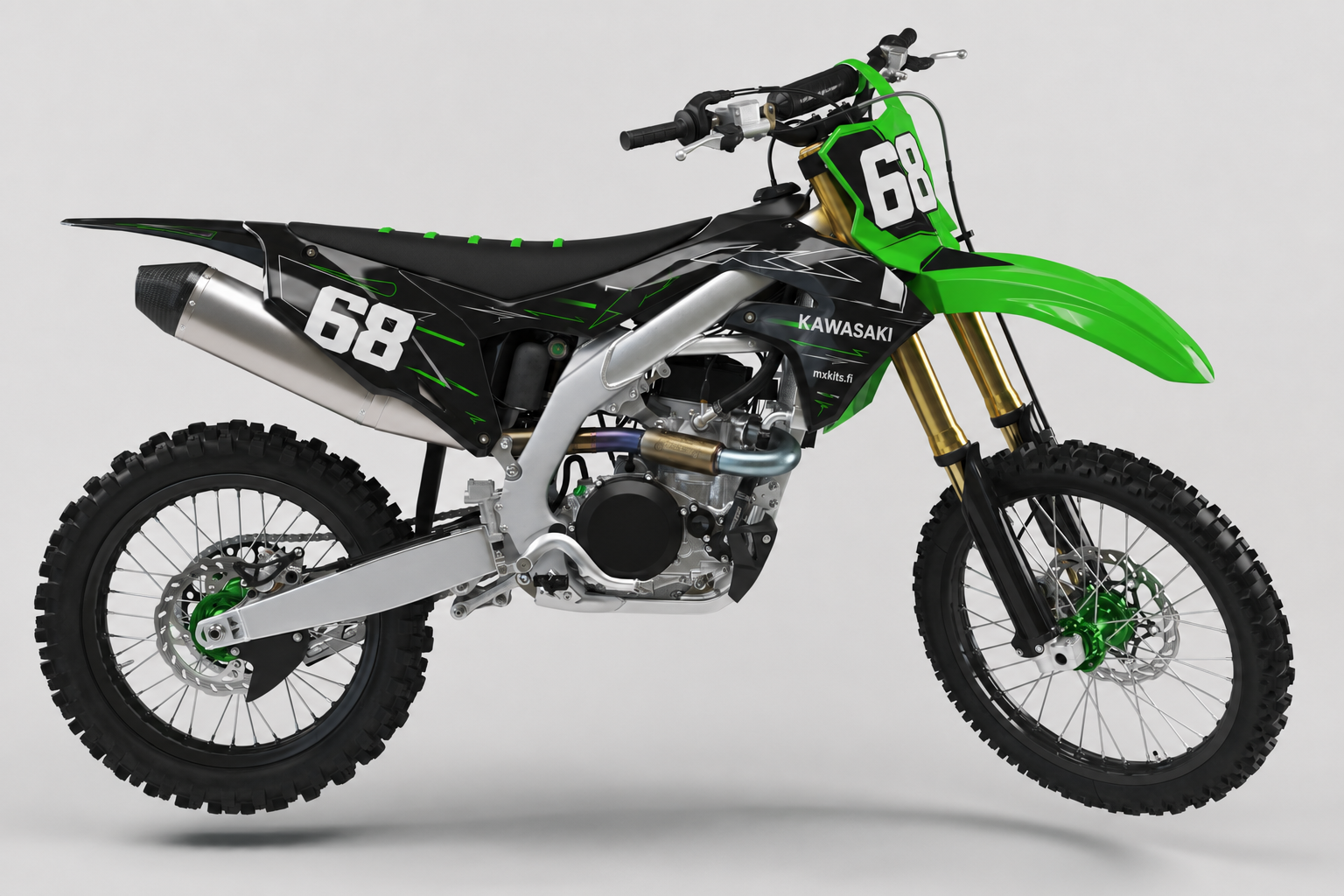 Kawasaki Tummakomeetta motocross-tarrasarja mustan, limenvihreän ja valkoisen grafiikan sekä numeron 68 kanssa