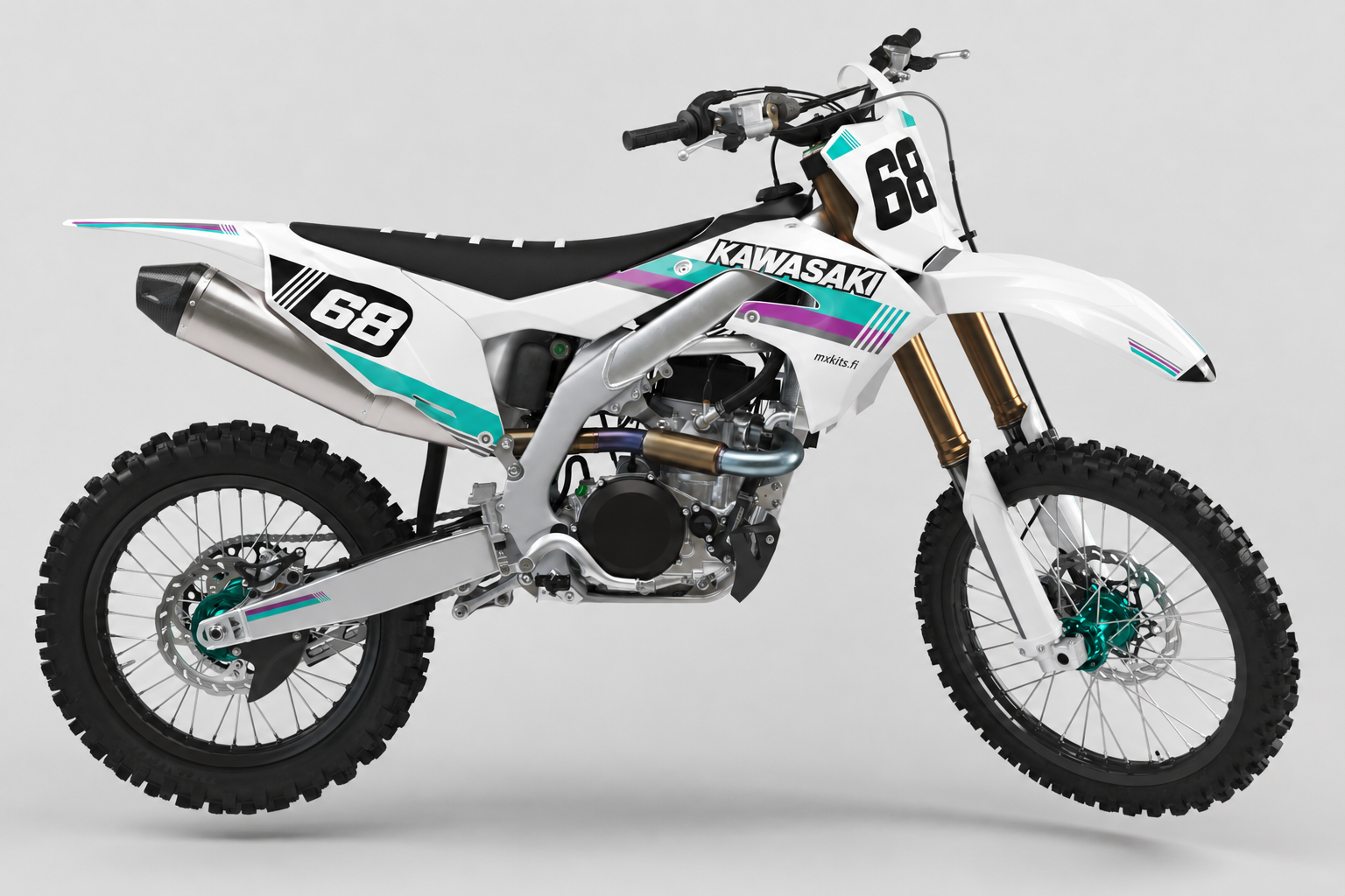 Kawasaki Tuontivirta valkoinen musta turkoosi ja magenta motocross-tarrasarja numerolla 68