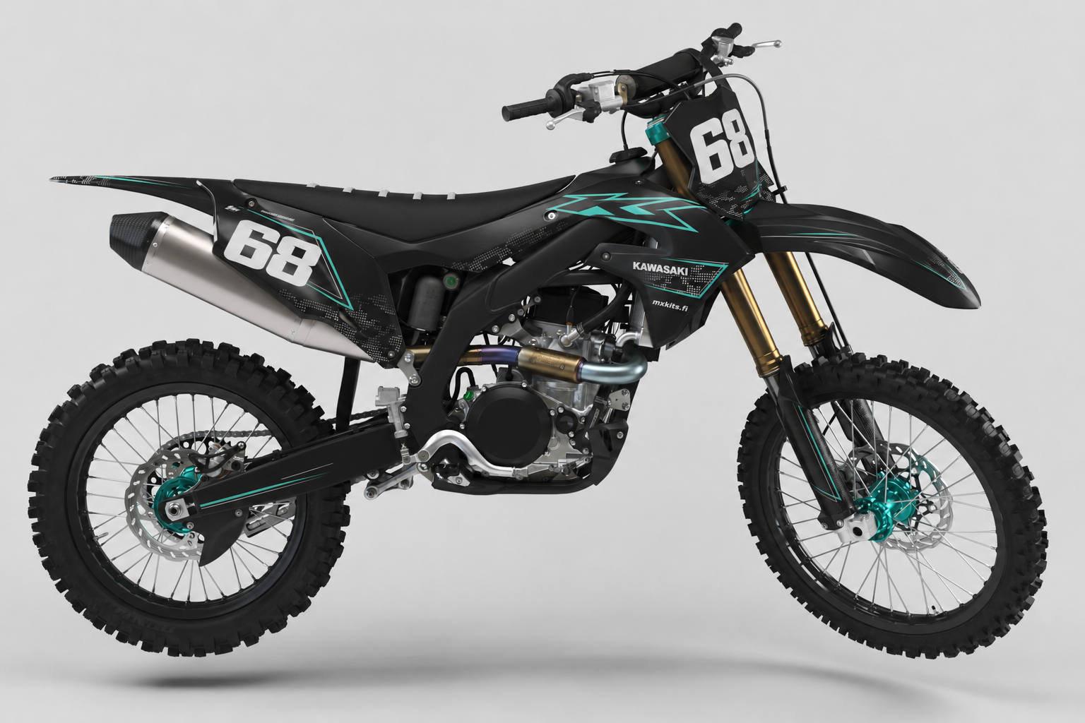 Kawasaki Turkoosiakseli musta harmaa ja turkoosi motocross-tarrasarja numerolla 68