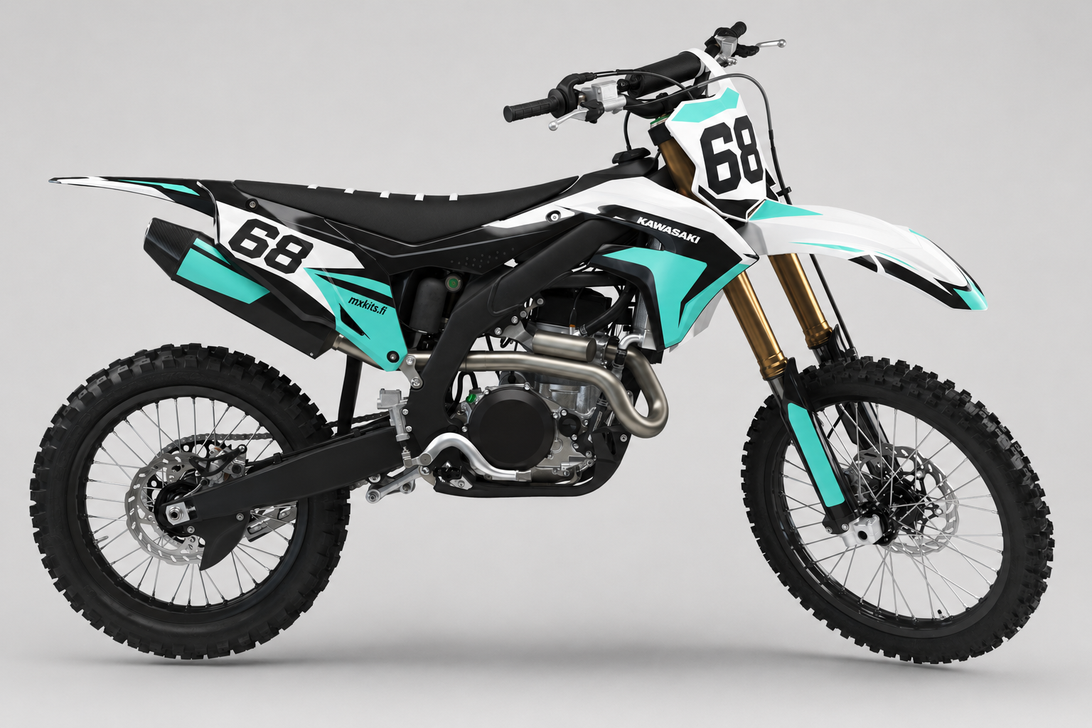 Kawasaki Turkoosikipinä valkoinen, musta, turkoosi, viileä harmaa motocross-tarrasarja numerolla 68