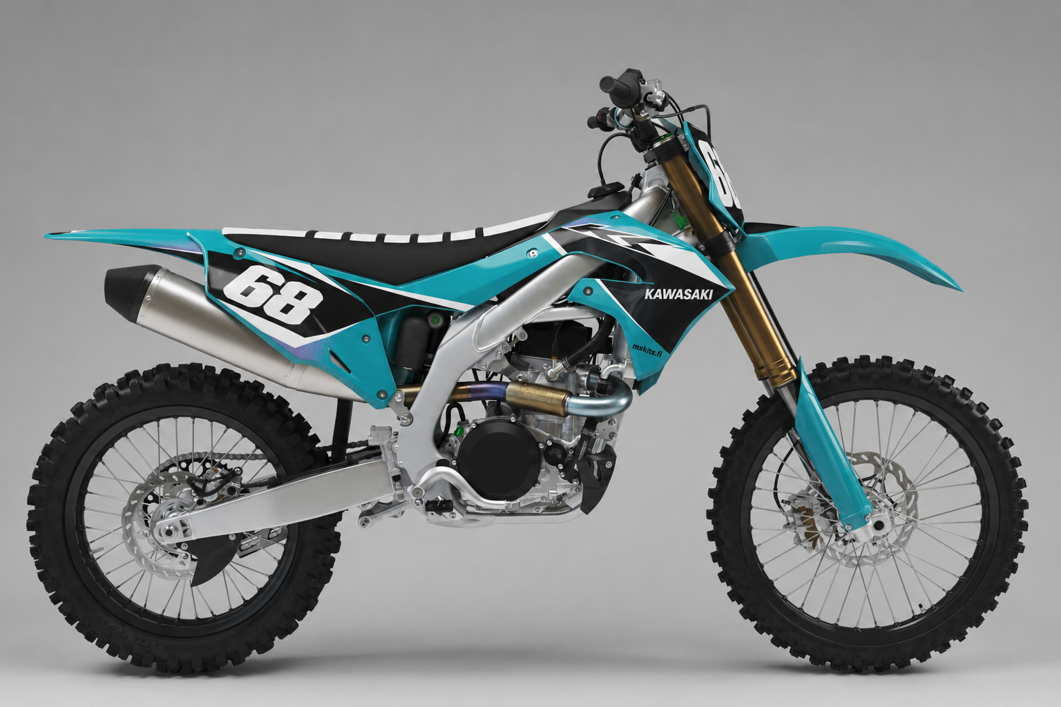 Kawasaki Turkoosilinja turkoosi musta ja valkoinen motocross-tarrasarja numerolla 68