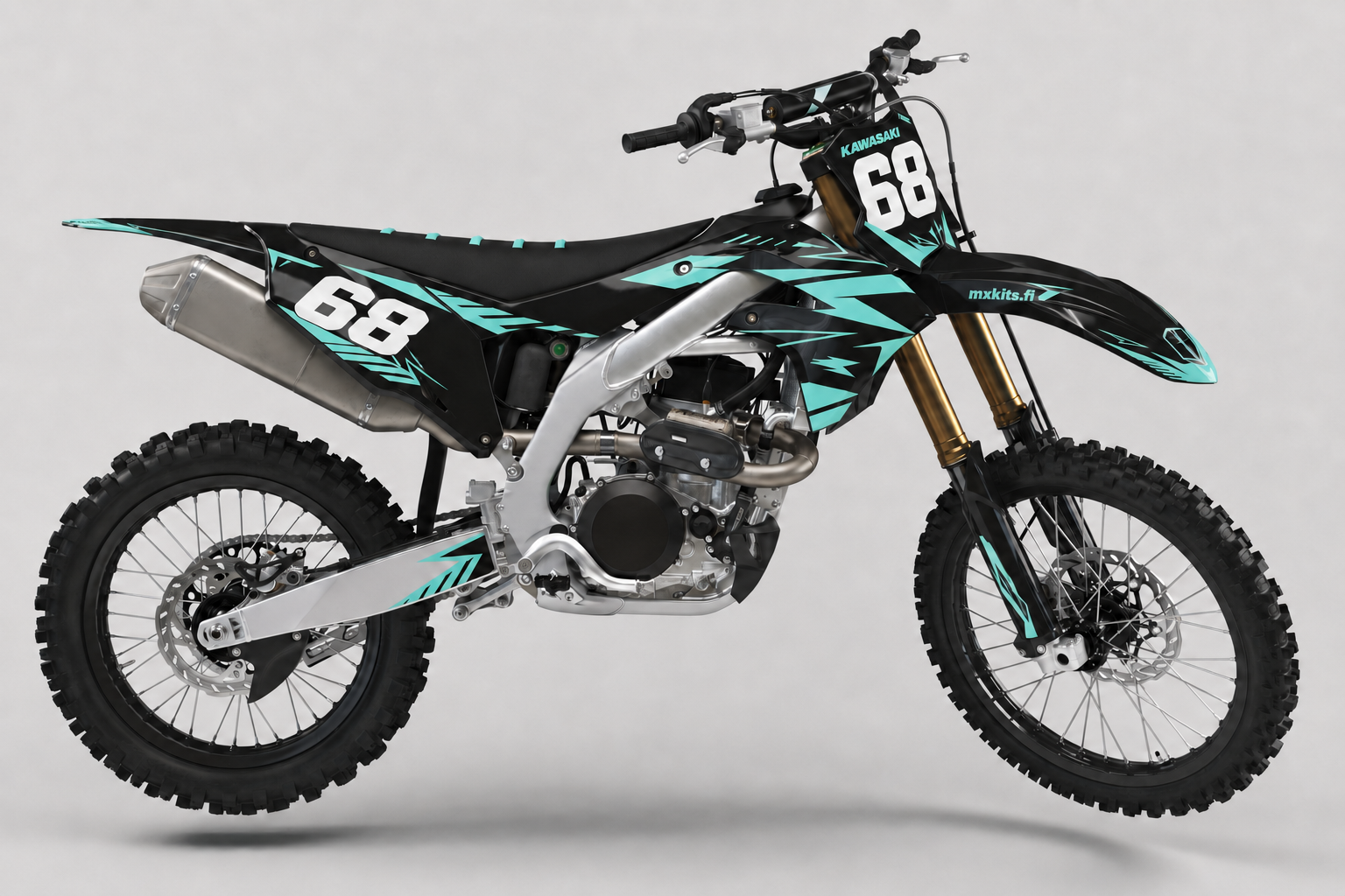 Kawasaki Turkoosineon motocross-tarrasarja, turkoosi, syvä musta, valkoinen ja viileä harmaa, numero 68
