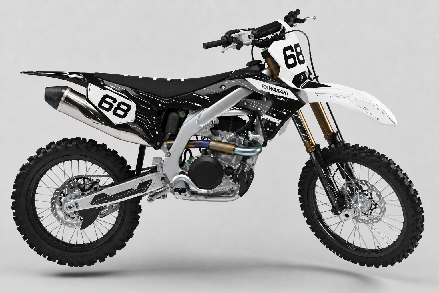 Kawasaki Valkodroidi motocross-tarrasarja, Kawasaki-lime, syvä musta, puhdas valkoinen ja kevyt harmaa, numero 68