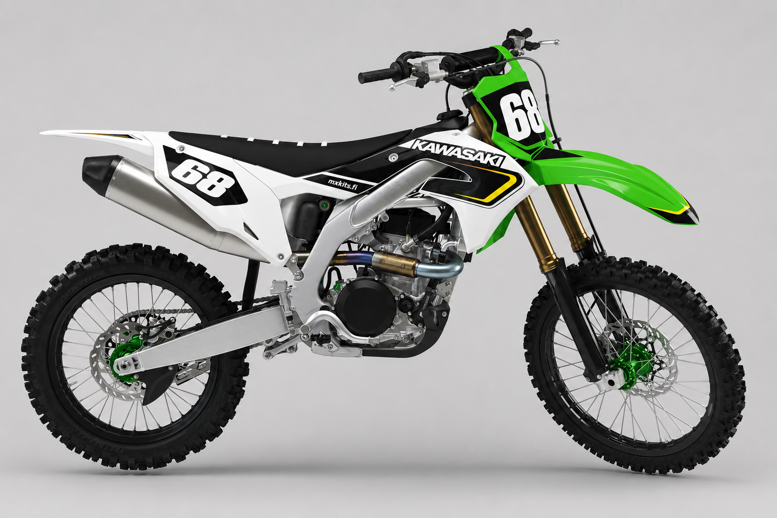 Kawasaki Valkohehku valkoinen, musta, Kawasaki-lime, lämmin keltainen motocross-tarrasarja numerolla 68
