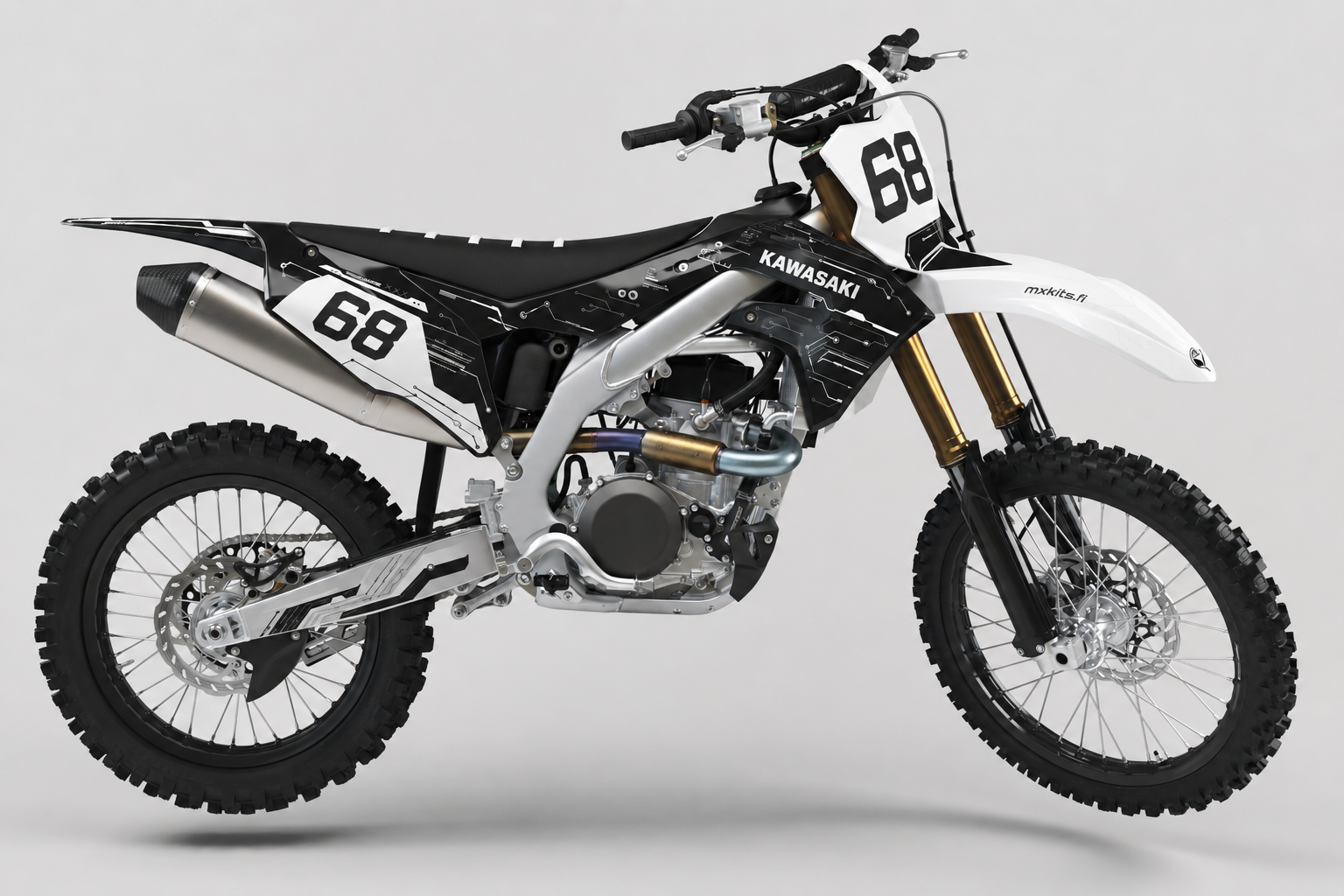 Kawasaki Valkoheksa motocross-tarrasarja, puhdas valkoinen, syvä musta, Kawasaki-lime ja kevyt harmaa, numero 68