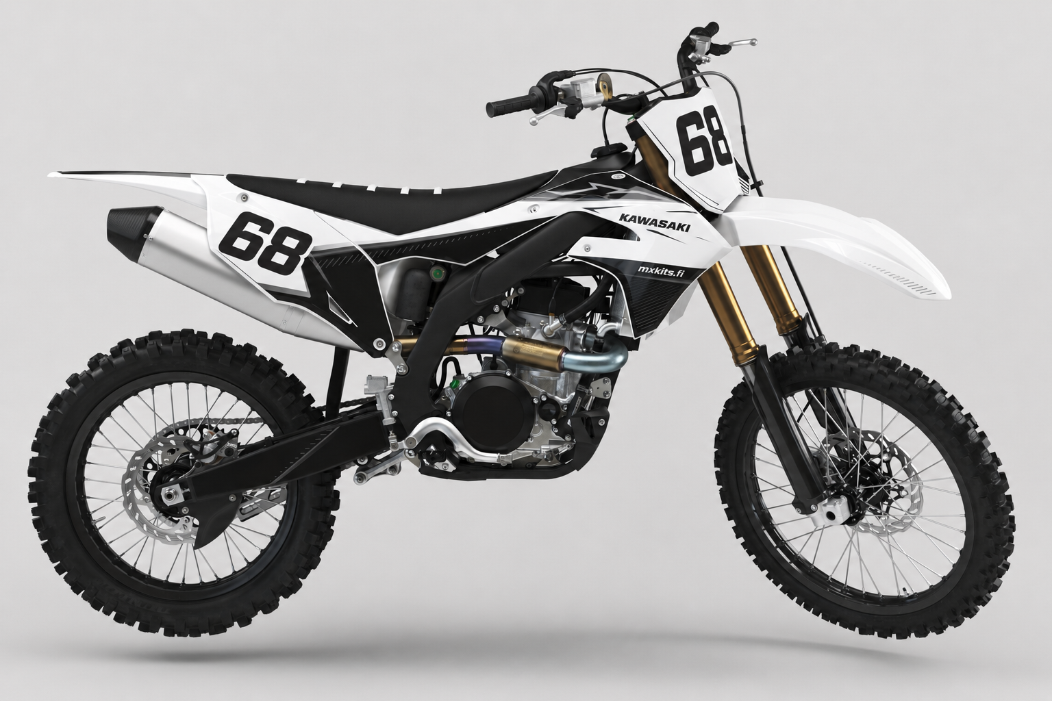 Kawasaki Valkohuntu valkoinen ja musta minimalistinen motocross-tarrasarja numerolla 68