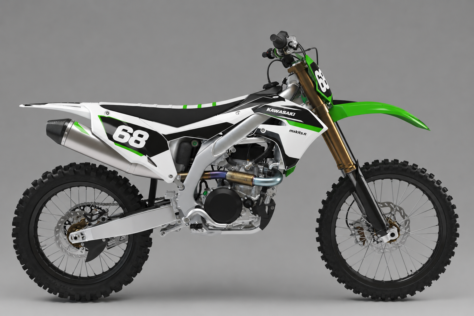 Kawasaki Valkokäärme valkoinen musta ja vihreä personoitava motocross-tarrasarja numerolla 68