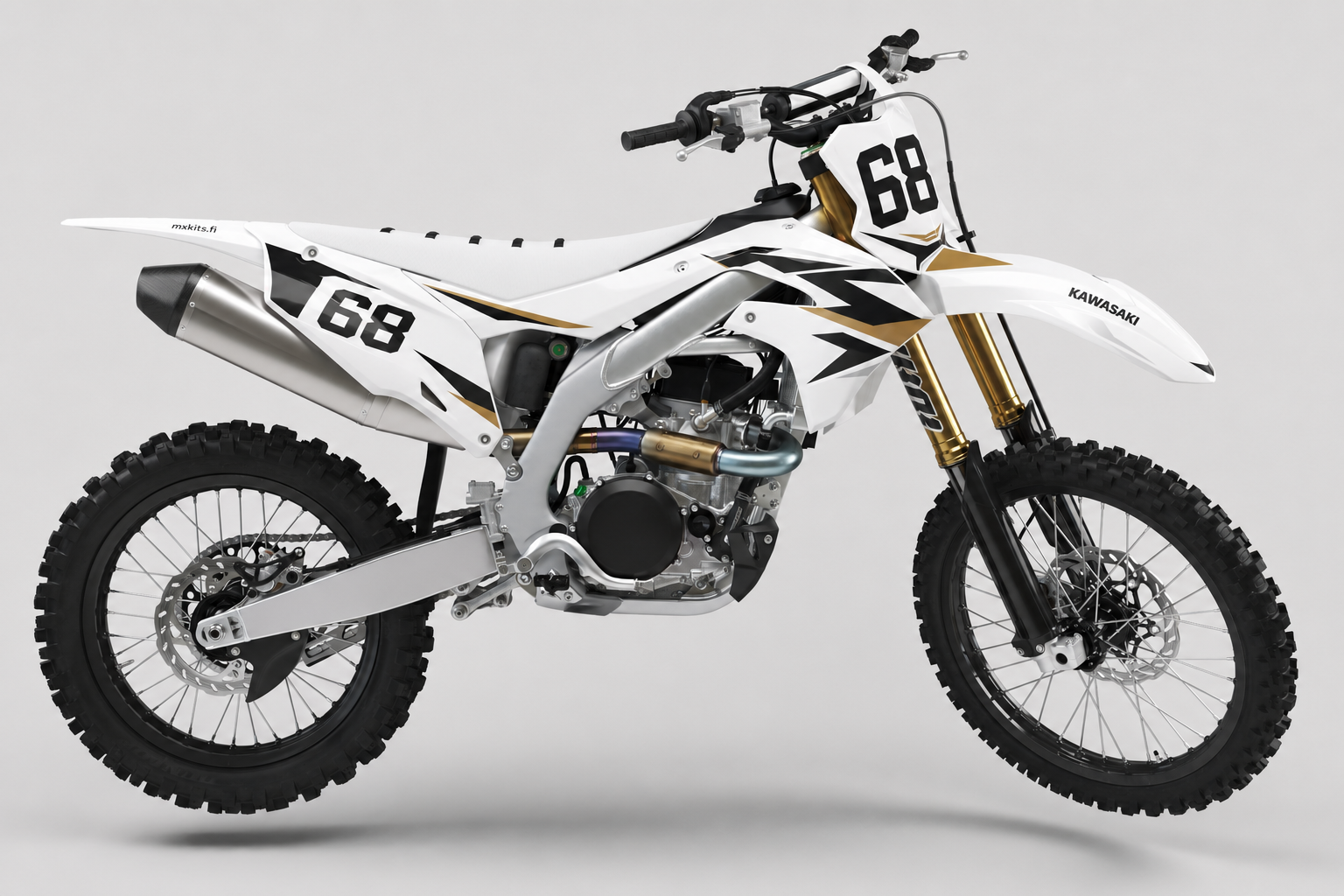 Kawasaki Valkokallio motocross-tarrasarja, puhdas valkoinen, syvä musta, Kawasaki-lime ja kevyt harmaa, numero 68